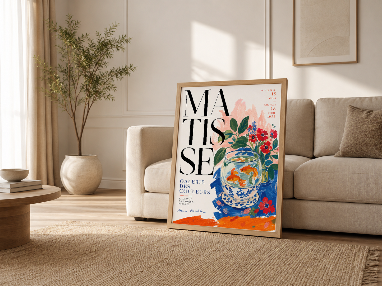 Modern oturma odasında Matisse posteri ahşap çerçevede, krem kanepesi yanında sergilenen sanat koleksiyonu
