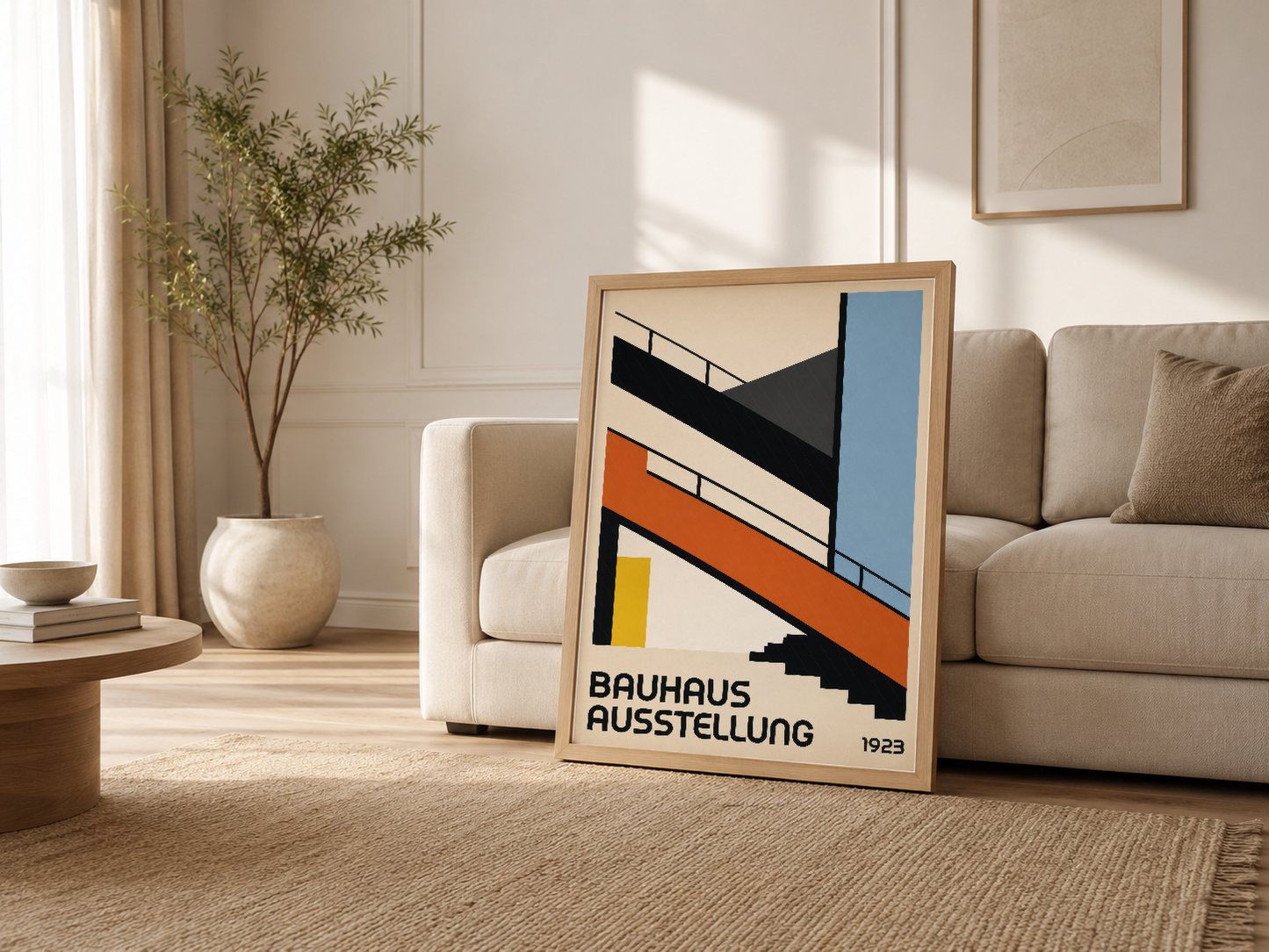 Günışığı alan oturma odasında, kanepenin yanında destekli Bauhaus Ausstellung geometrik tasarım poster tablosu.