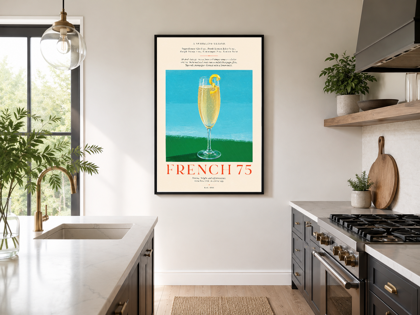 Siyah çerçeveli vintage French 75 posteri, çağdaş mutfakta pencerenin karşısında, şık gastronomi dekorasyonu.
