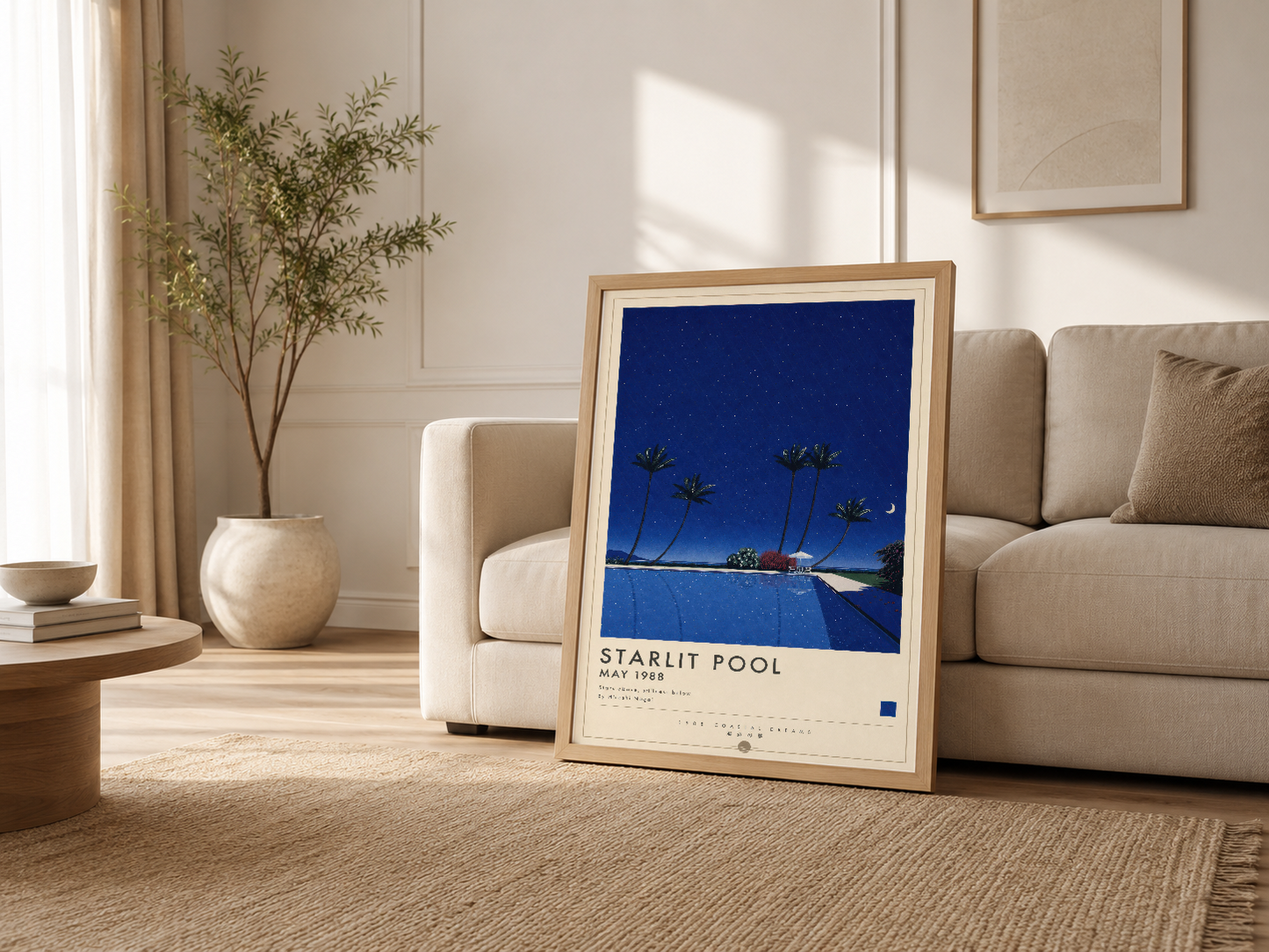 Aydınlık oturma odasında kanepenin yanında, ahşap çerçeveli Starlit Pool posteri modern ev dekorasyonunu zenginleştiren ürün.