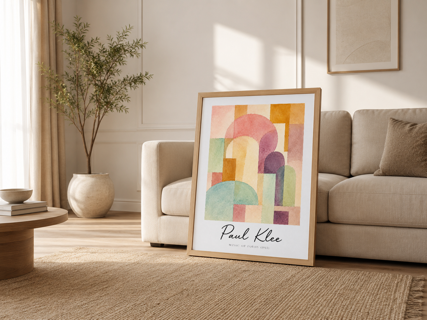 Krem renklı oturma odasında, ahşap çerçeveli Paul Klee tablosu minimalist dekorasyonu sıcak ve sanatsal bir atmosfere