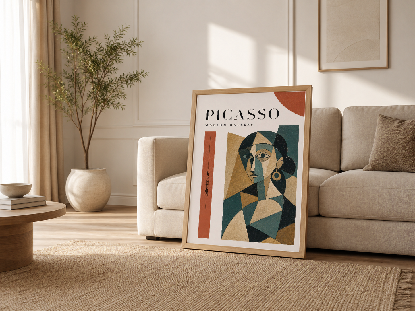 Picasso Modern Gallery posteri ahşap çerçevede salon ortamında, kanepesi yanında, contemporary dekorasyon stilini yükselten