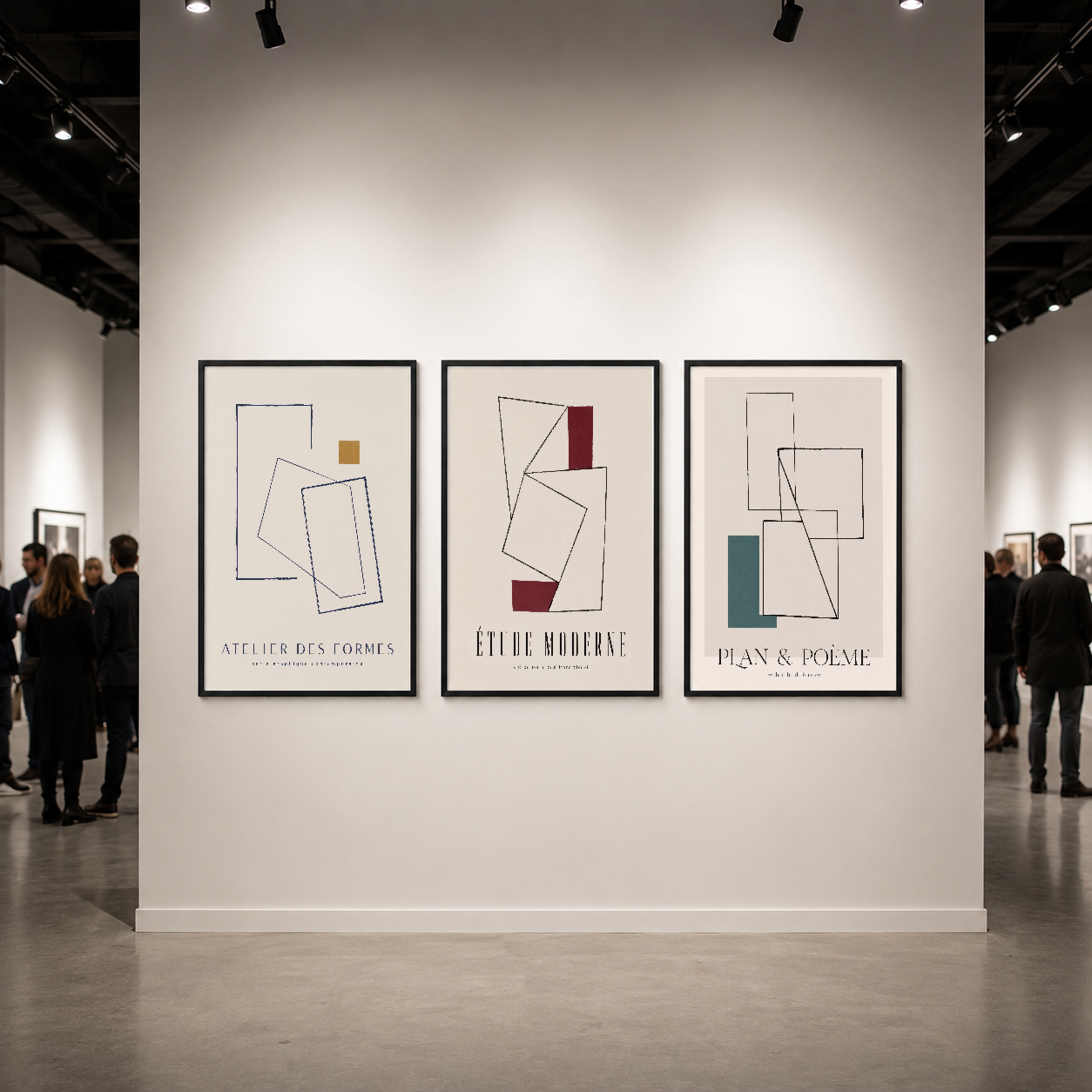 Galeride asılı siyah çerçeveli modern sanat tablosu seti, soyut formlarla kontempoer tasarımı yansıtayan.