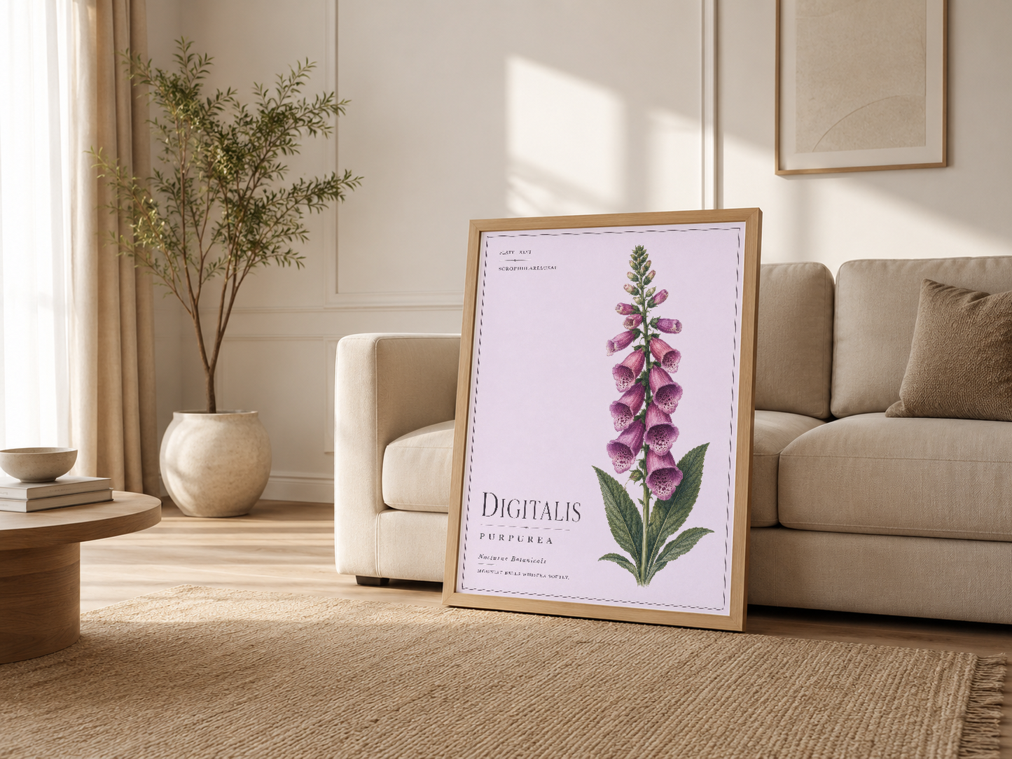 Açık oturma odasında, beyaz çerçeveli Digitalis Purpurea tablosu, kanepenin yanında sergilenmektedir.