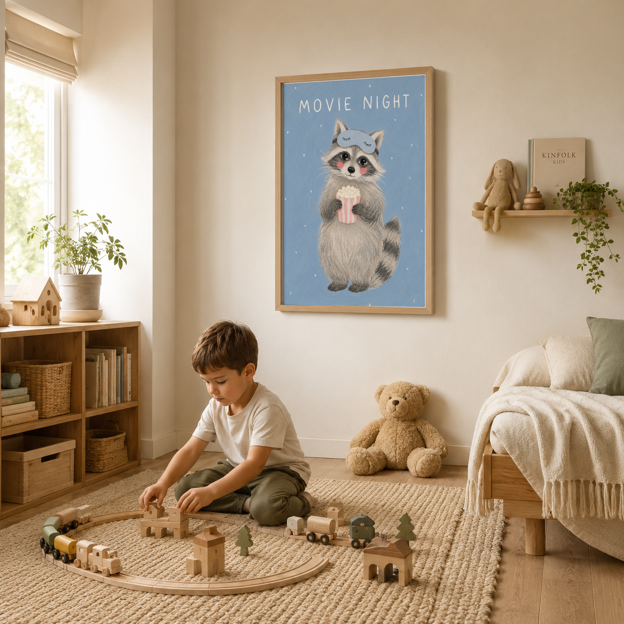 Ahşap çerçeveli poster, çocuğun yatak odasında duvar süslemesi olarak, movie night temasıyla neşeli bir ortam yaratıyor.