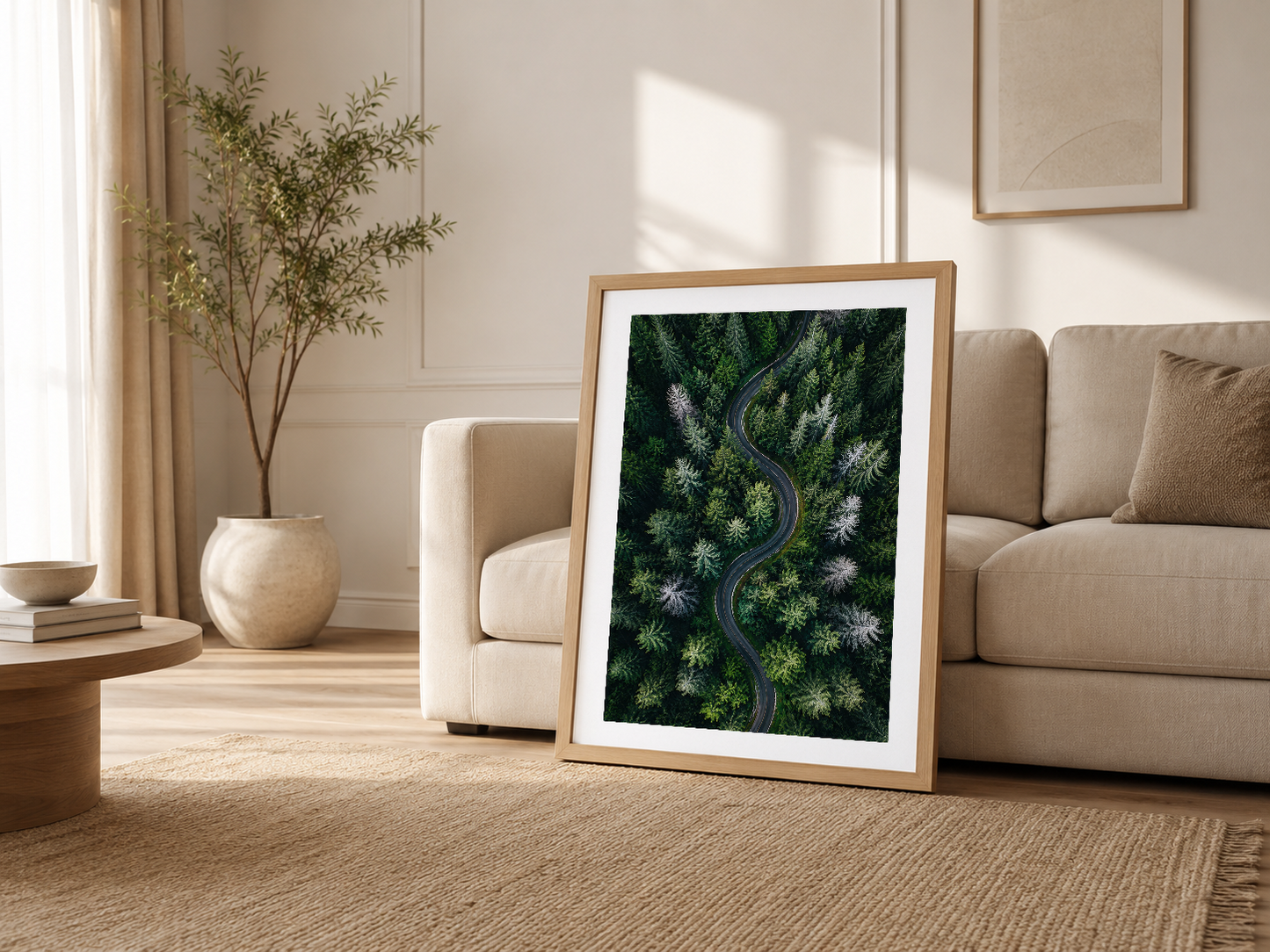 Modern oturma odasında ahşap çerçeveli poster, doğa temalı sanat eseri kanepenin yanında şıklıkla sergileniyor.