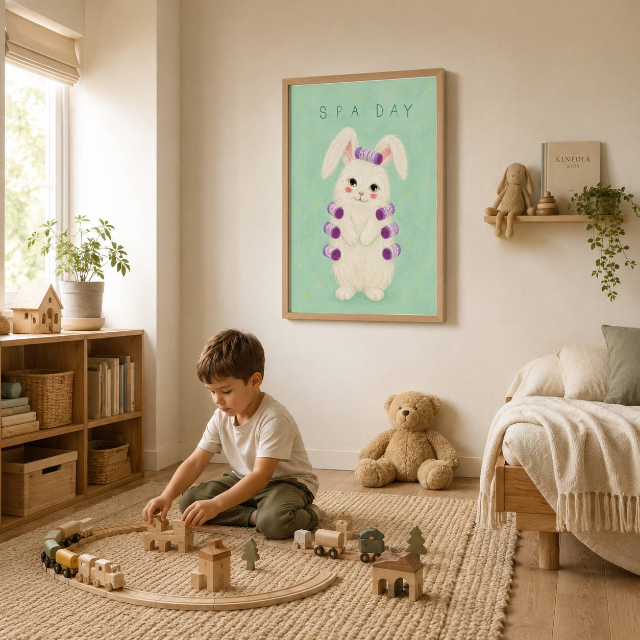 Spa Day posteri çocuk yatak odasının duvarında, ahşap çerçeyde modern minimal dekorasyonun parçası.