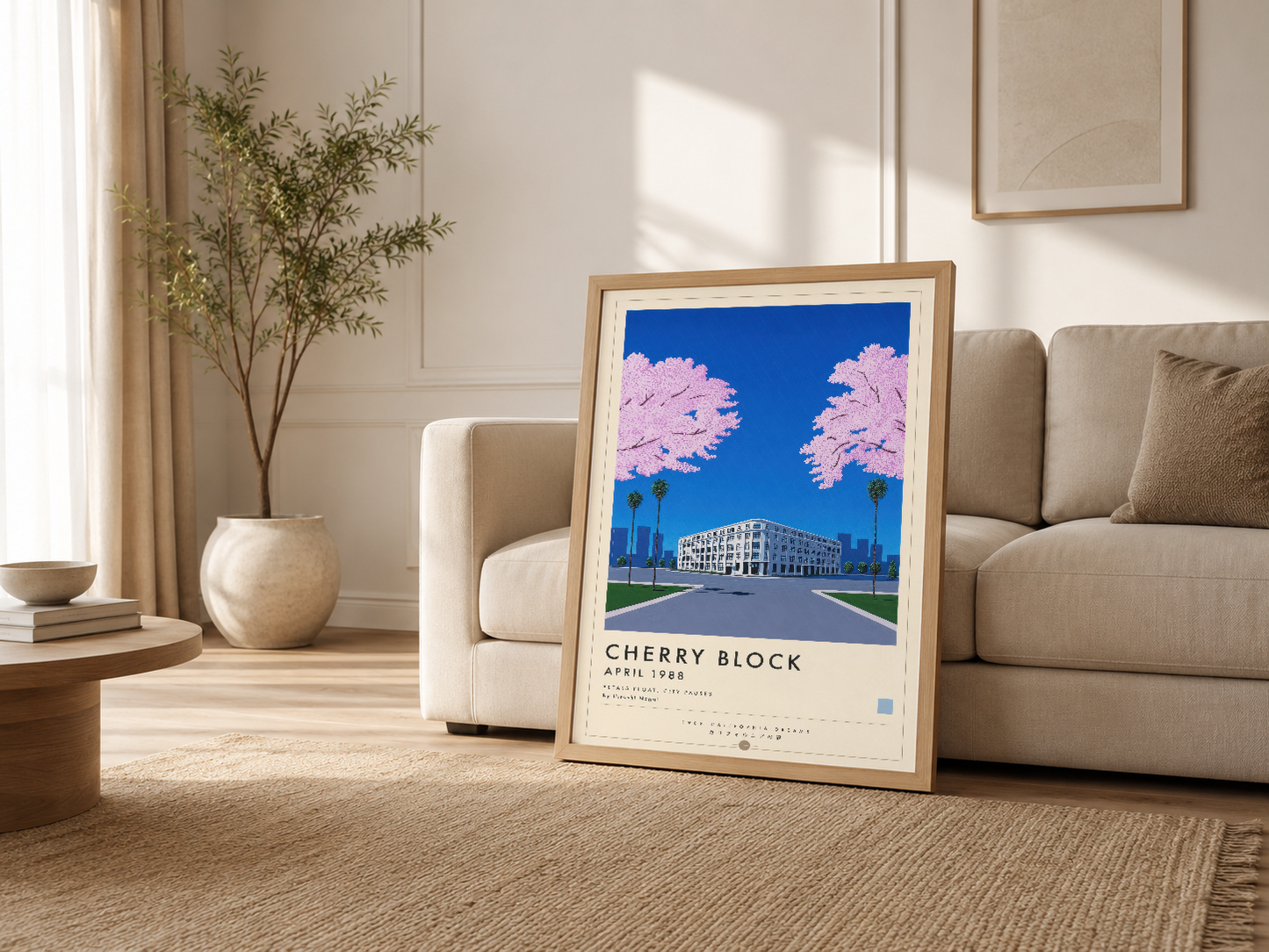 Açık renkli minimalist oturma odasında, kanepesinin yanında duran kiraz çiçekleri motifli sanat tablosu.