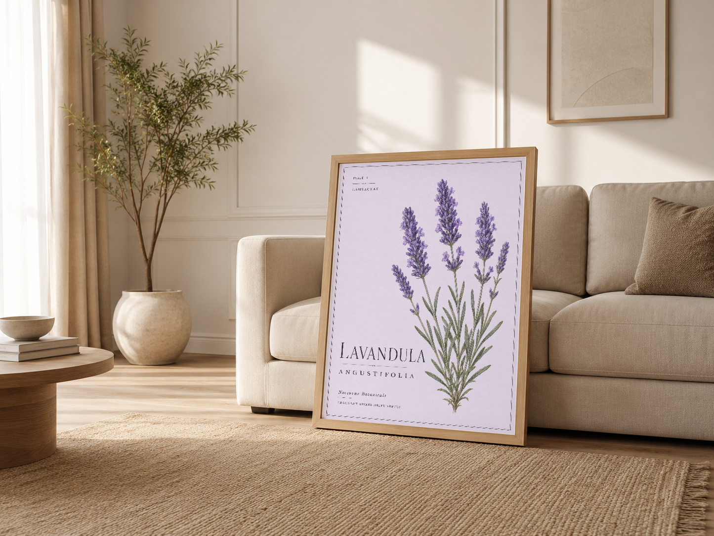 Modern oturma odasında, ahşap çerçeveli lavanda tablosu kanepe yanında durarak dekorasyonu tamamlıyor.