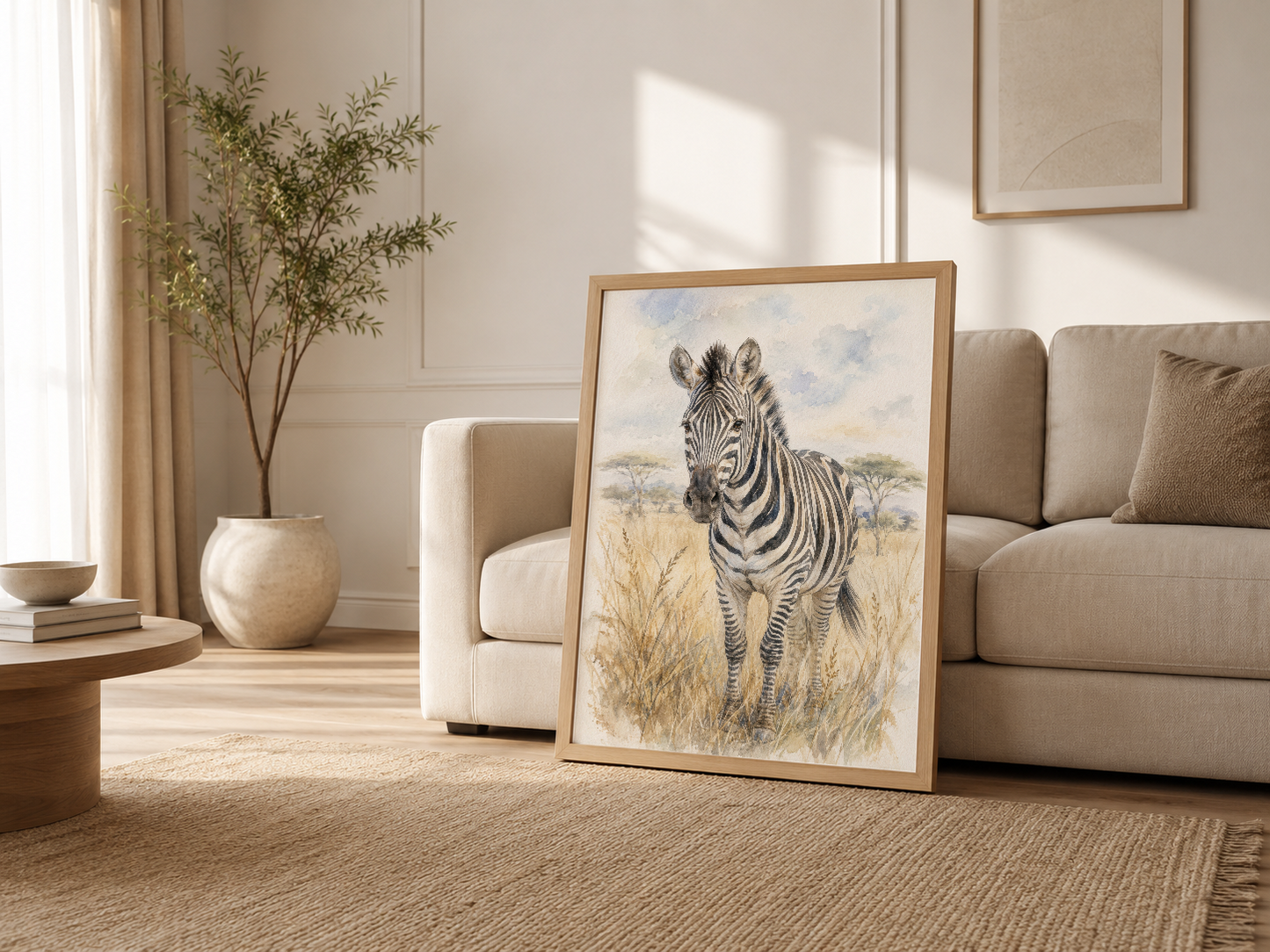 Krem kanepenin yanında ahşap çerçeli zebra resmi; salon dekorasyonu.