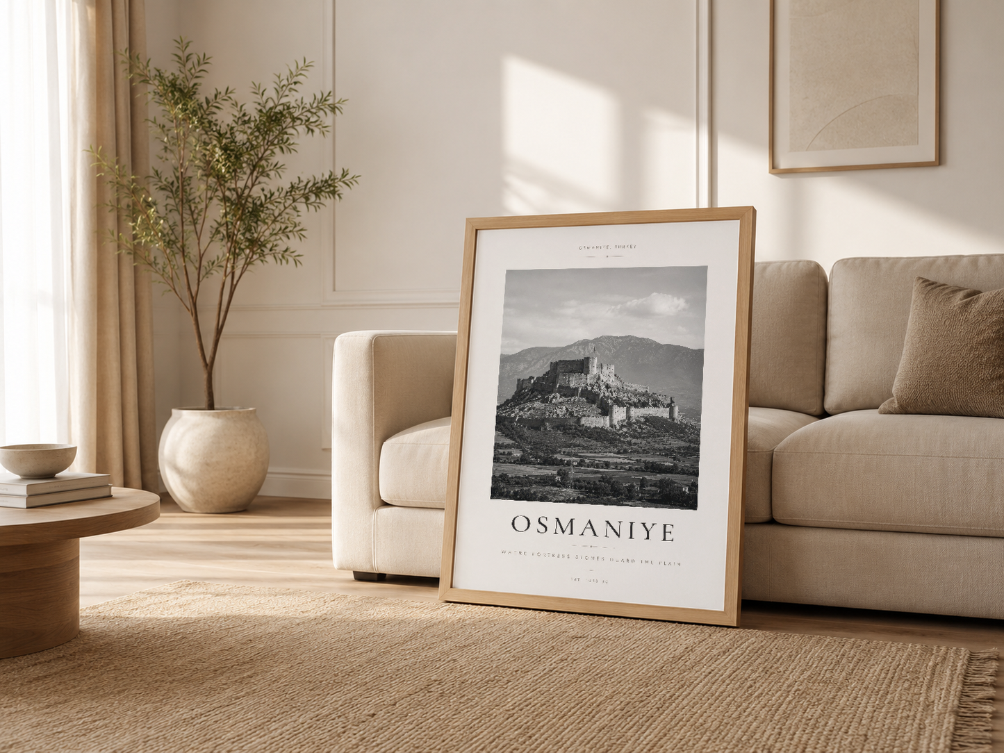 Krem tonlu yaşam odasında ahşap çerçeveli poster, sanat ve mobilyayla bir bütün oluşturuyor.
