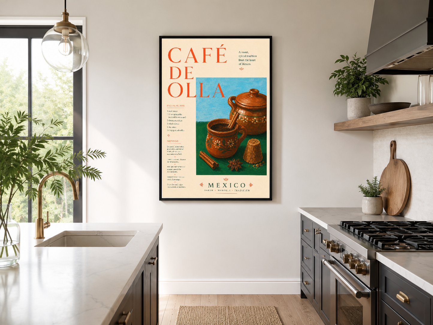 Modern mutfakta siyah çerçeveli Café de Olla posteri, pencere ışığı ve bitkileriyle zarif tasarım vurguluyor.
