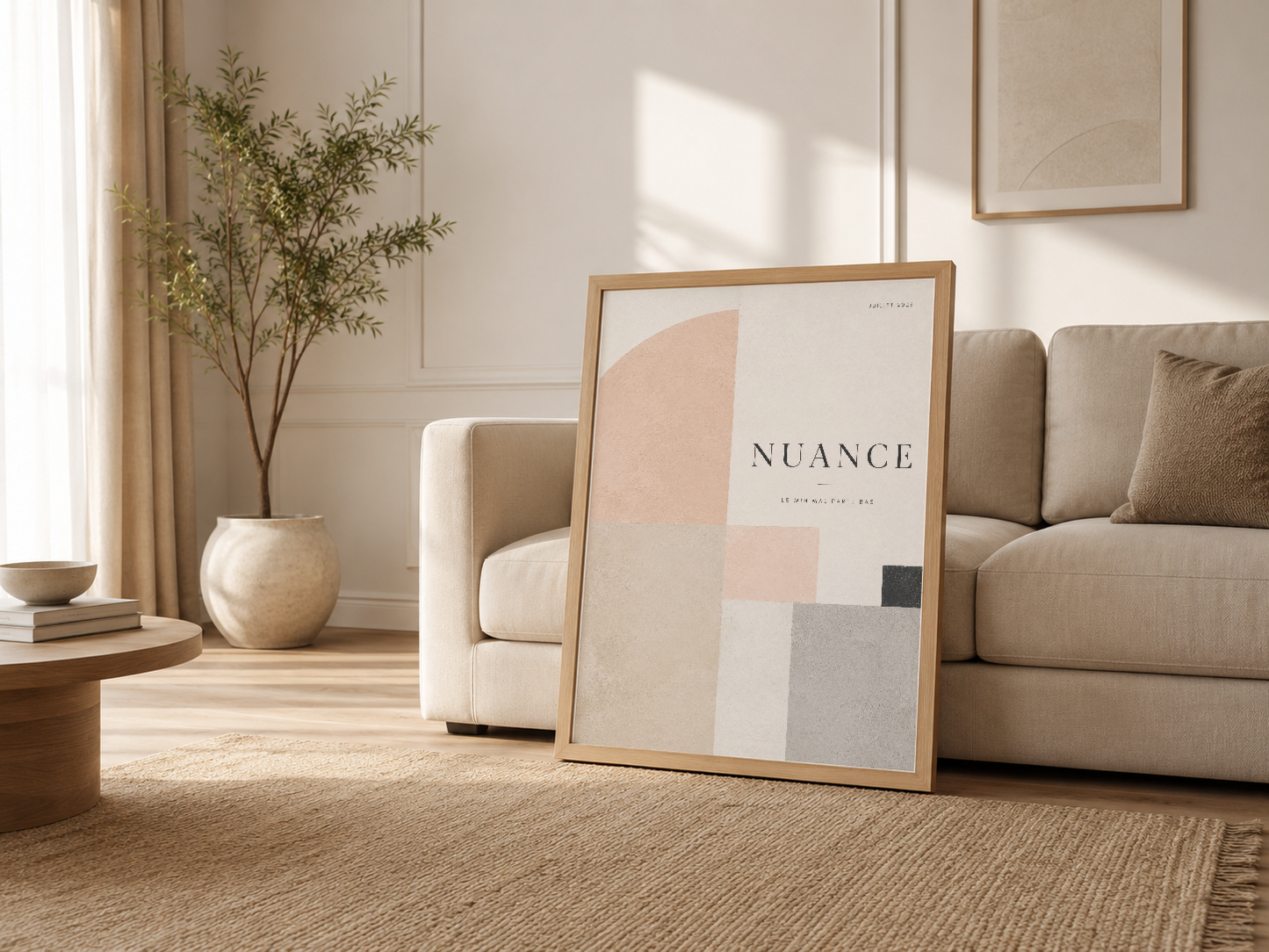 Bright oturma odasında ahşap çerçeveli Nuance tablosu, kanepenin yanında duran modern tablo, pastel tonlarıyla ortamı