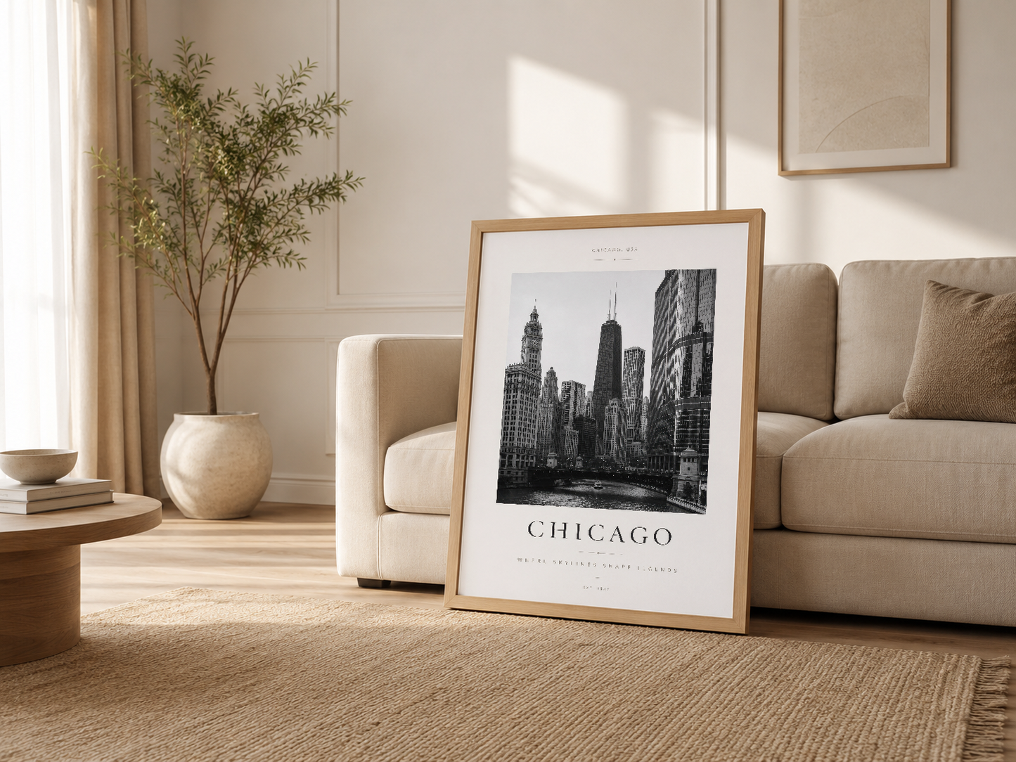 Modern oturma odasında ahşap çerçeveli Chicago posteri, kanepenin yanında şık bir dekorasyon.