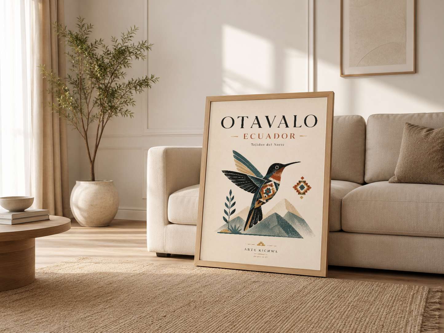 Oturma odasında ahşap çerçeveli Otavalo Ecuador posteri, neutral dekorasyon aksesuarlarıyla.