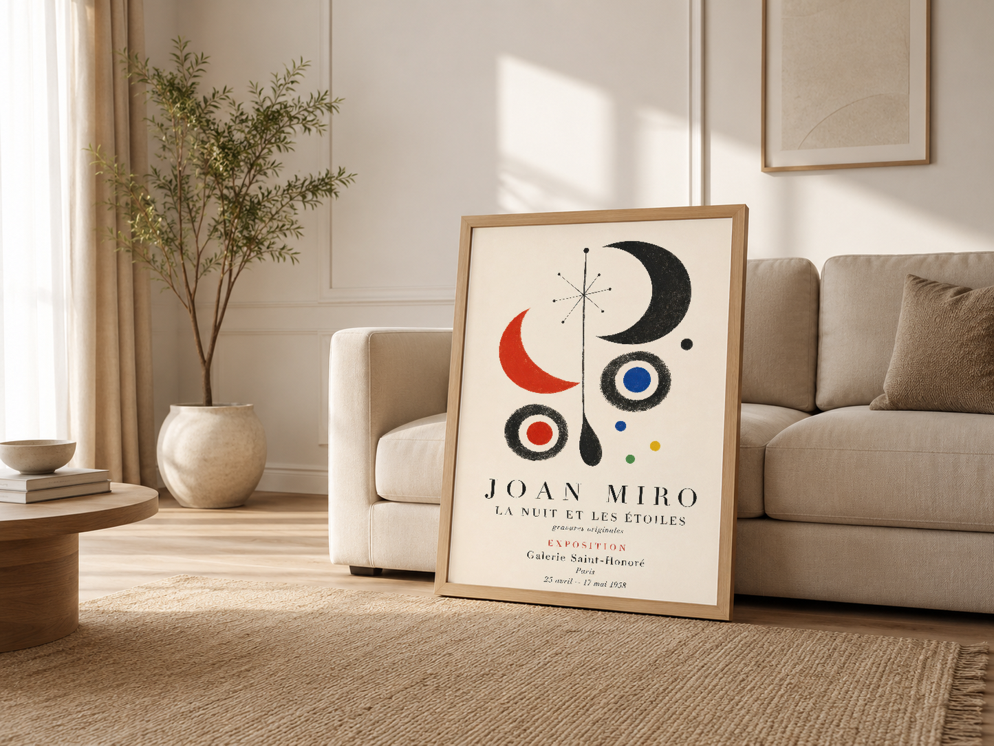 Beige modern oturma odasında, ahşap çerçeveli Miró tablosu kanepenin yanında şık dekoratif aksan.