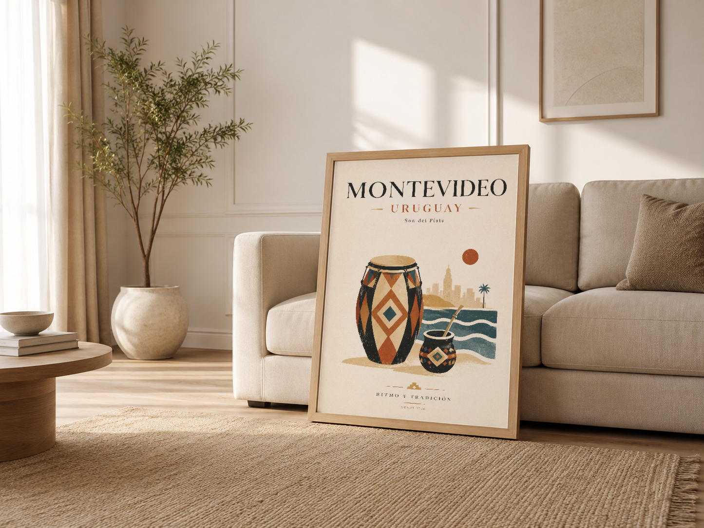 Ahşap çerçeveli Montevideo tablosu, rahat kanepenin yanında şık oturma odasının merkezi noktası.