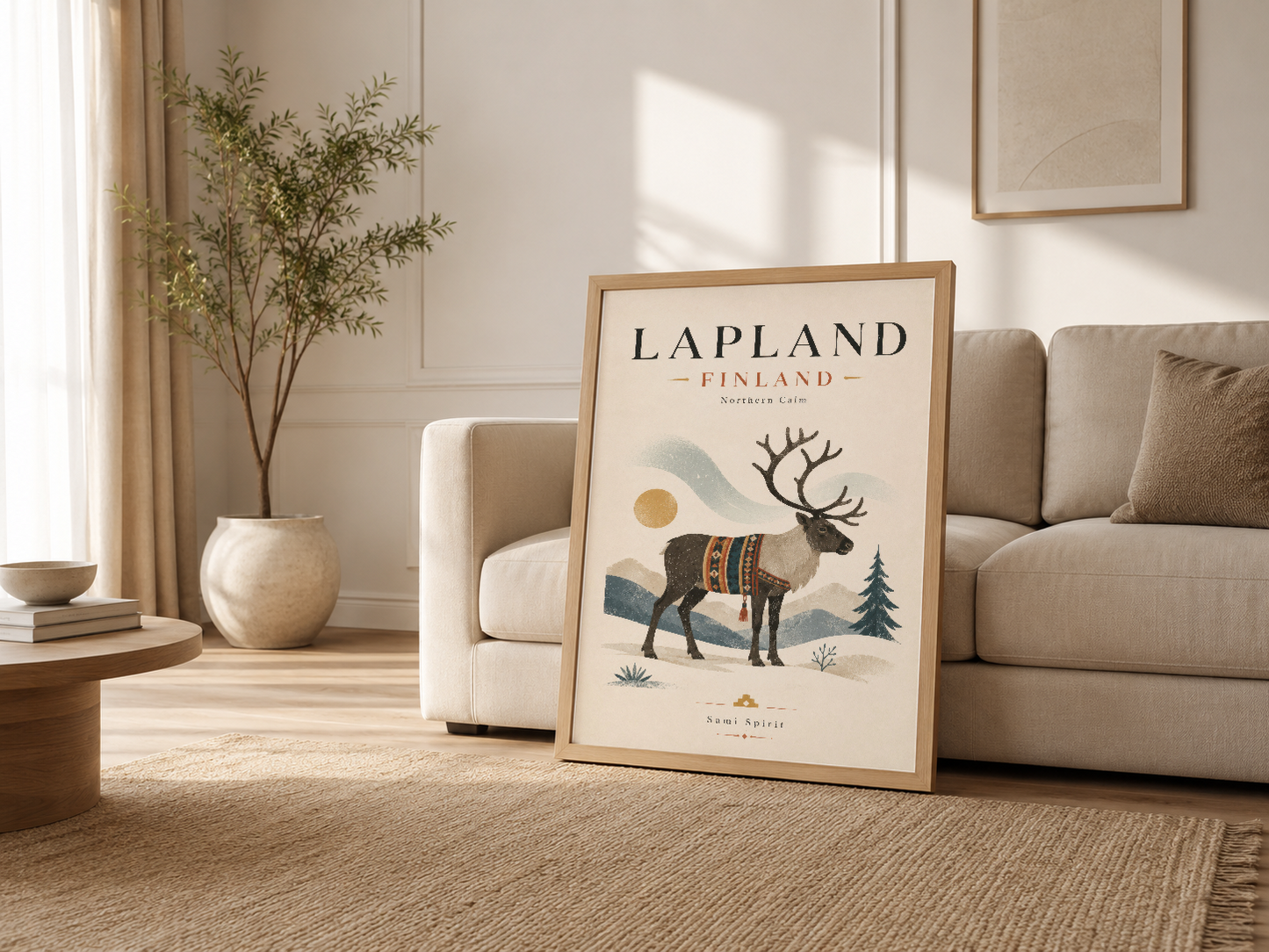 Lapland Finland posteri, ahşap çerçevede, modern oturma odasında kanepenin yanında sanat dekorasyonu olarak gösterilmektedir.