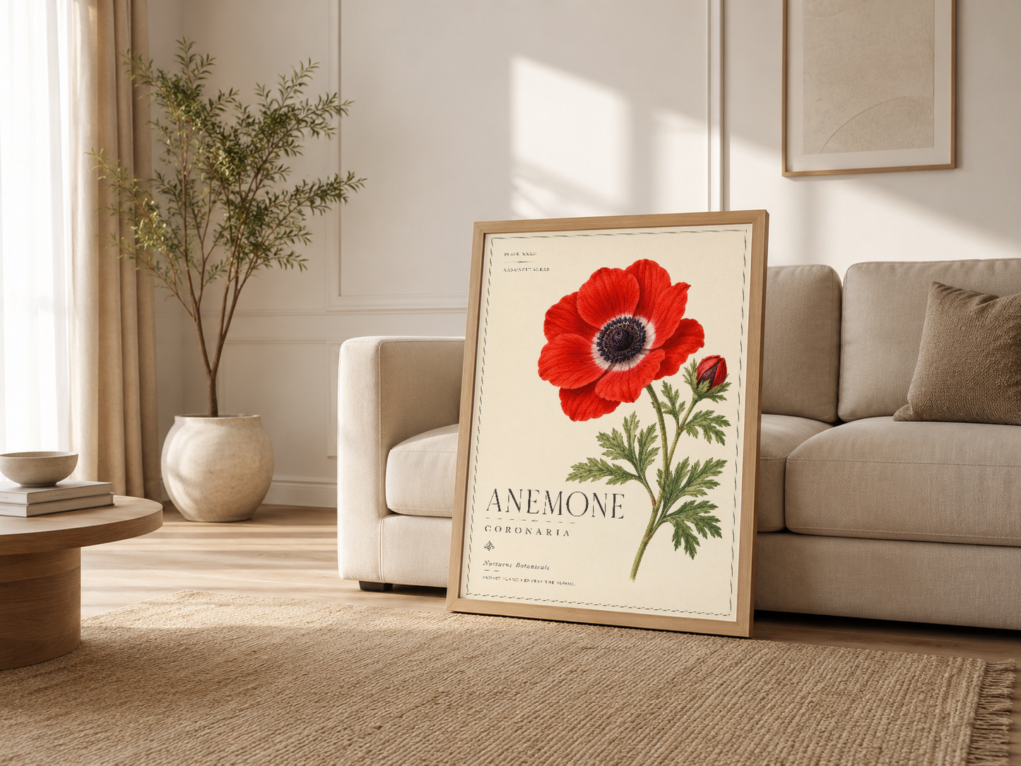 Açık oturma odasında ahşap çerçeveli anemon posteri, nötr tonda kanepe yanında duran sanat eseri.