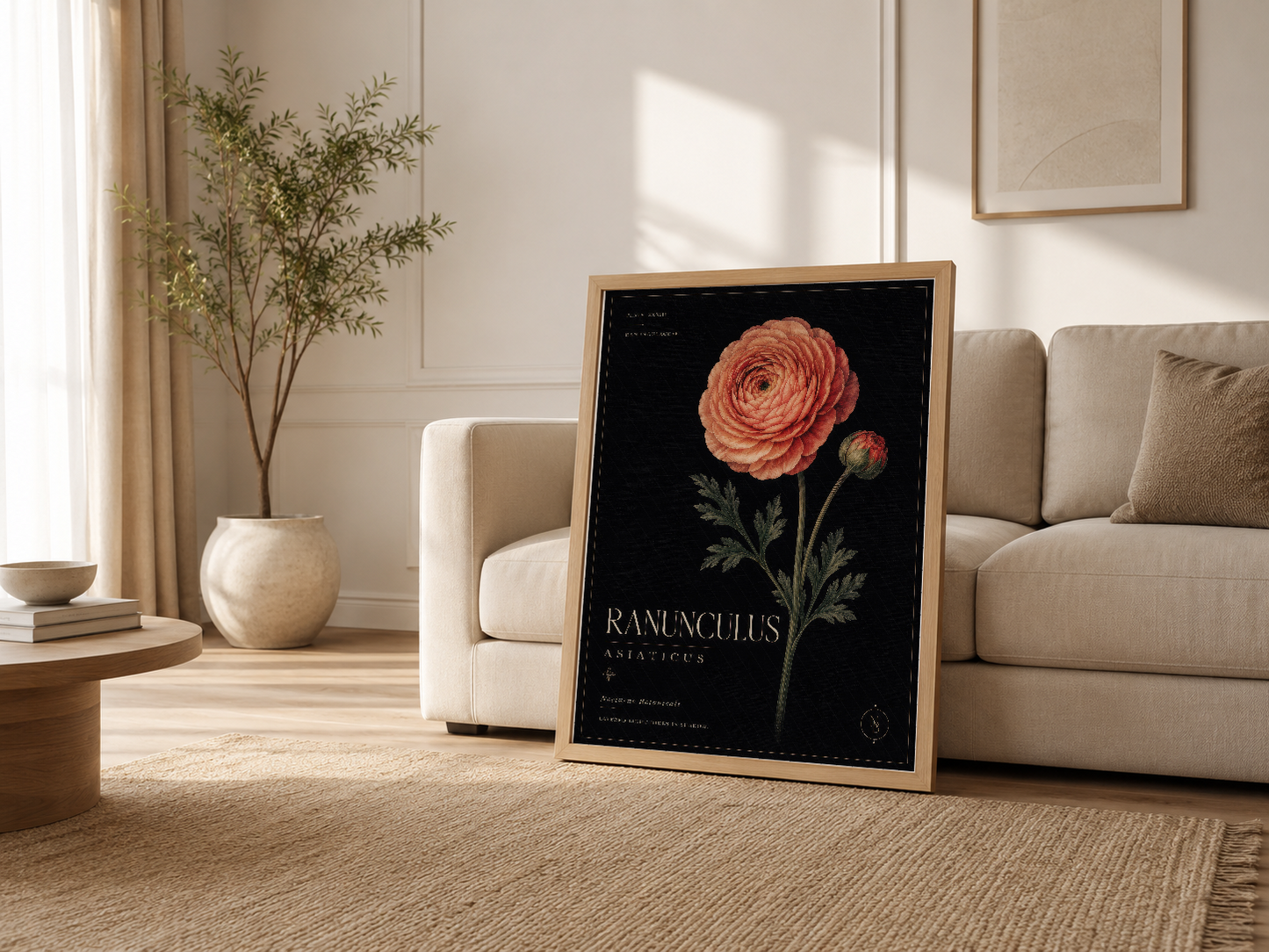 Minimalist oturma odasında, ahşap çerçeveli pembe çiçek tablosu şık iç tasarım örneği.