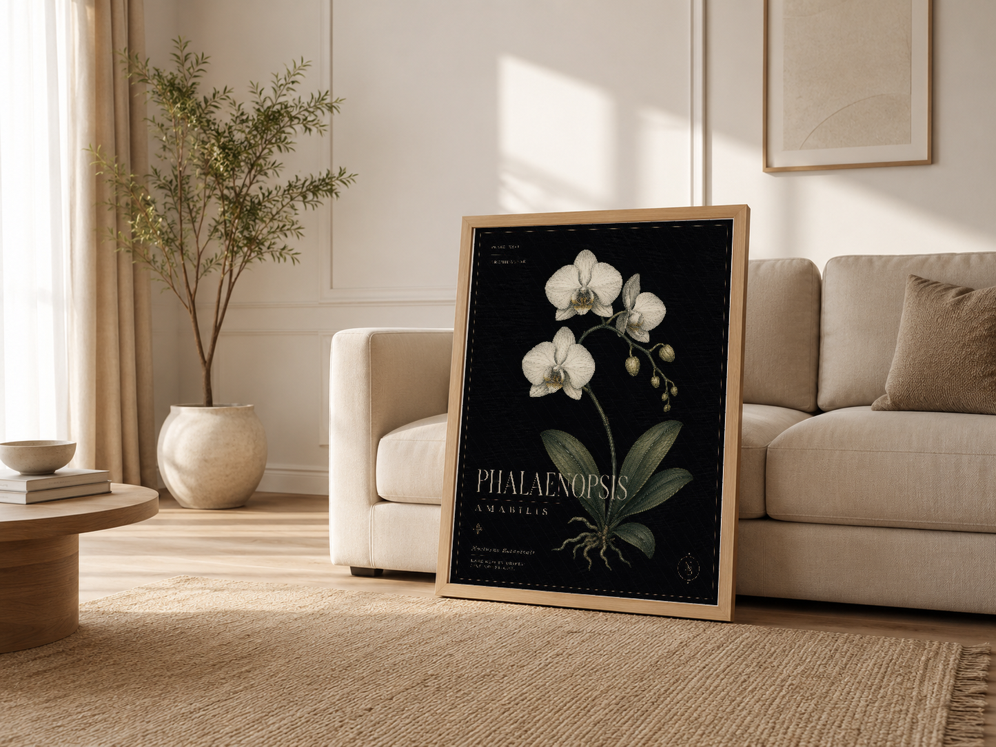 Oturma odasında kanepenin yanında ahşap çerçeveli Phalaenopsis tablosu, botanik tasarımı ile doğal ve şık dekorasyon
