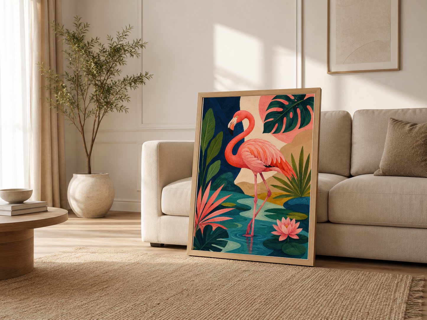 Oturma odasında ahşap çerçeveli flamingo posteri, kanepenin yanında, sıcak dekorasyon.