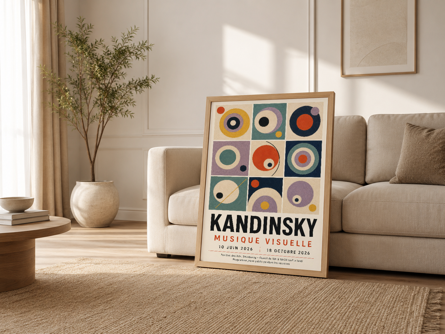 Nötr oturma odasında ahşap çerçeveli Kandinsky posteri, kanepenin yanında contemporary iç tasarım aksentı.