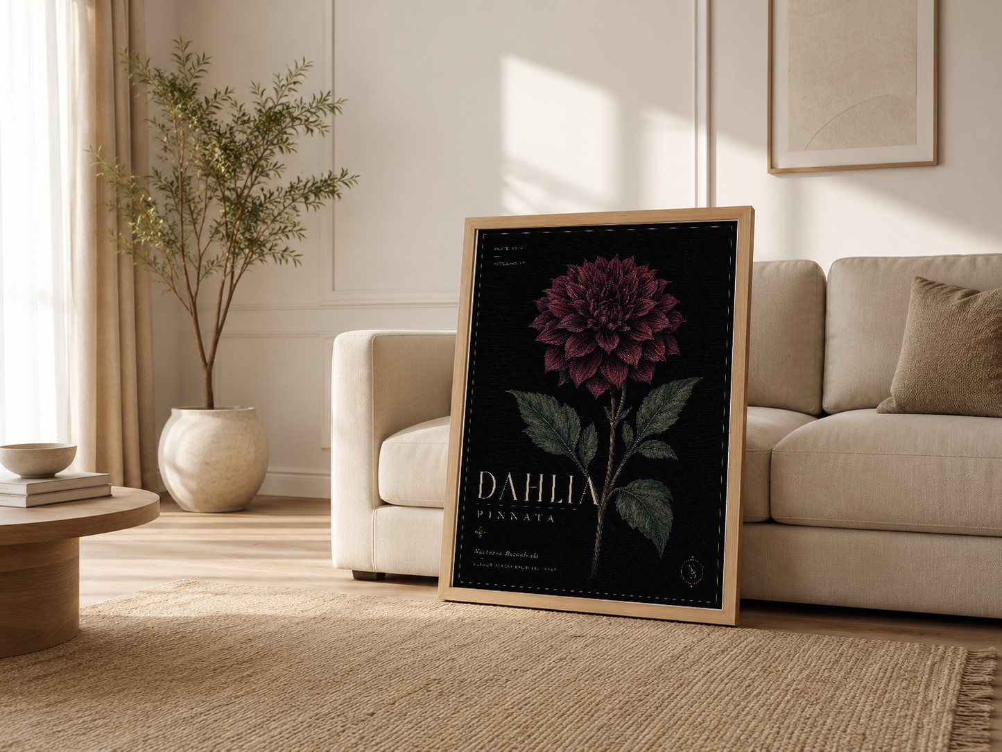 Modern oturma odasında, ahşap çerçeveli dahlia çiçeği duvar tablosu sanat eseri.