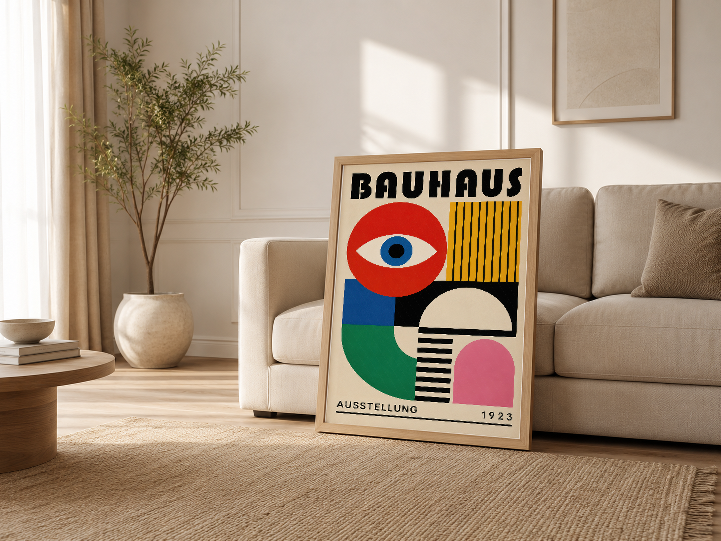 Krem rengi oturma odasında, kanepenin yanında Bauhaus 1923 sergisi tablosu.