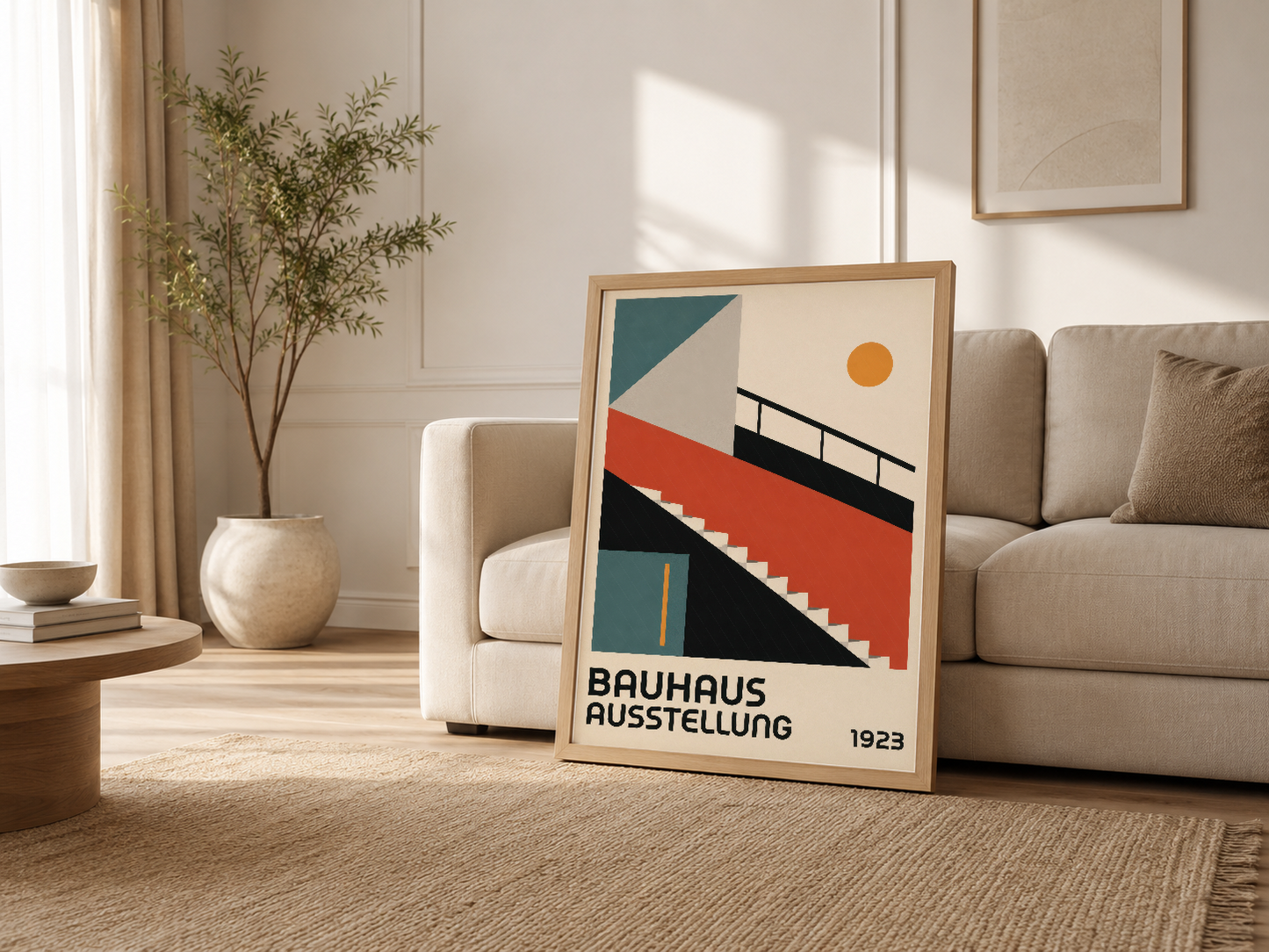 Krem kanepenin yanında ahşap çerçeveli Bauhaus posteri, sıcak ve modern oturma odasını tamamlayan sanat.