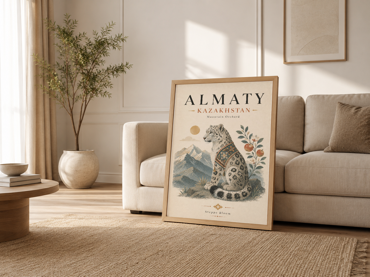 Ahşap çerçeveli Almaty posteri oturma odasında, nötr dekordaki kanape yanında doğal estetik yaratır.
