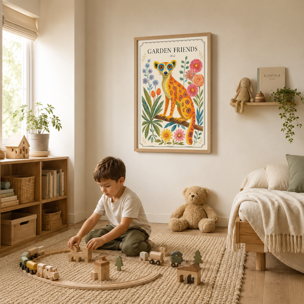 Sarı Pembe Leopar ve Çiçekler Botanik Vintage Duvar Tablosu