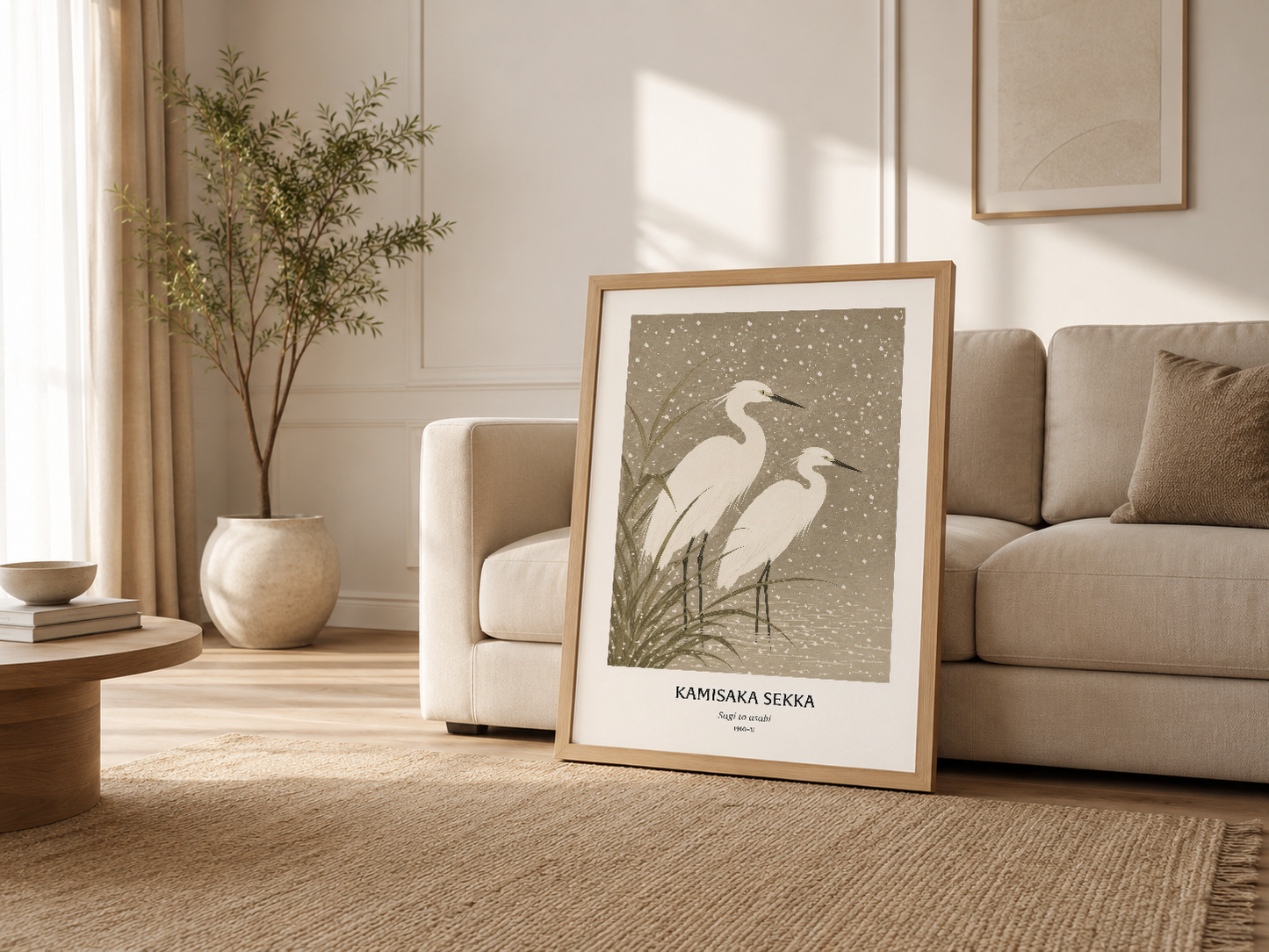 Modern salon köşesinde ahşap çerçeveli poster, krem rengi mobilya ve doğal ışığla rahat ve sofistike bir ortam yaratıyor.