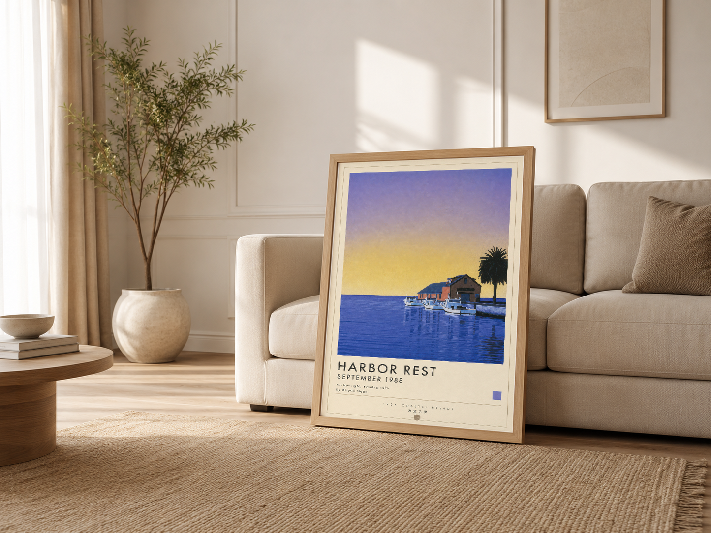 Ahşap çerçeveli Harbor Rest tablosu, modern oturma odasında kanepenin yanına yaslanmış halde.