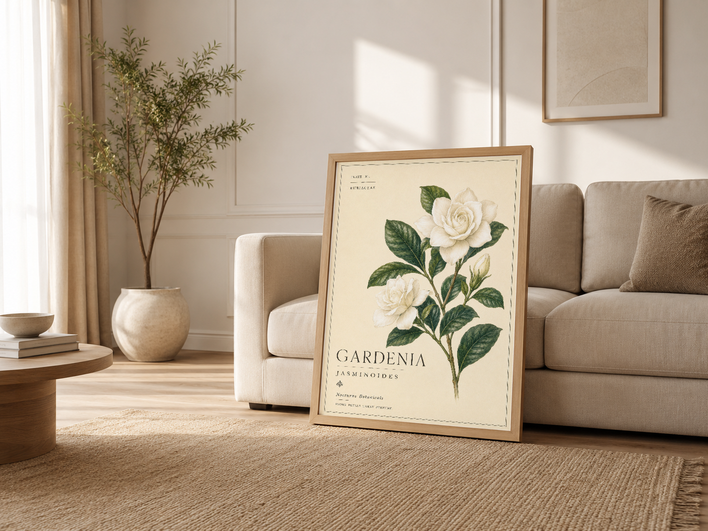 Oturma odasında ahşap çerçeveli Gardenia Jasminoides posterinin, kanepenin yanı başında sergilenmesi.