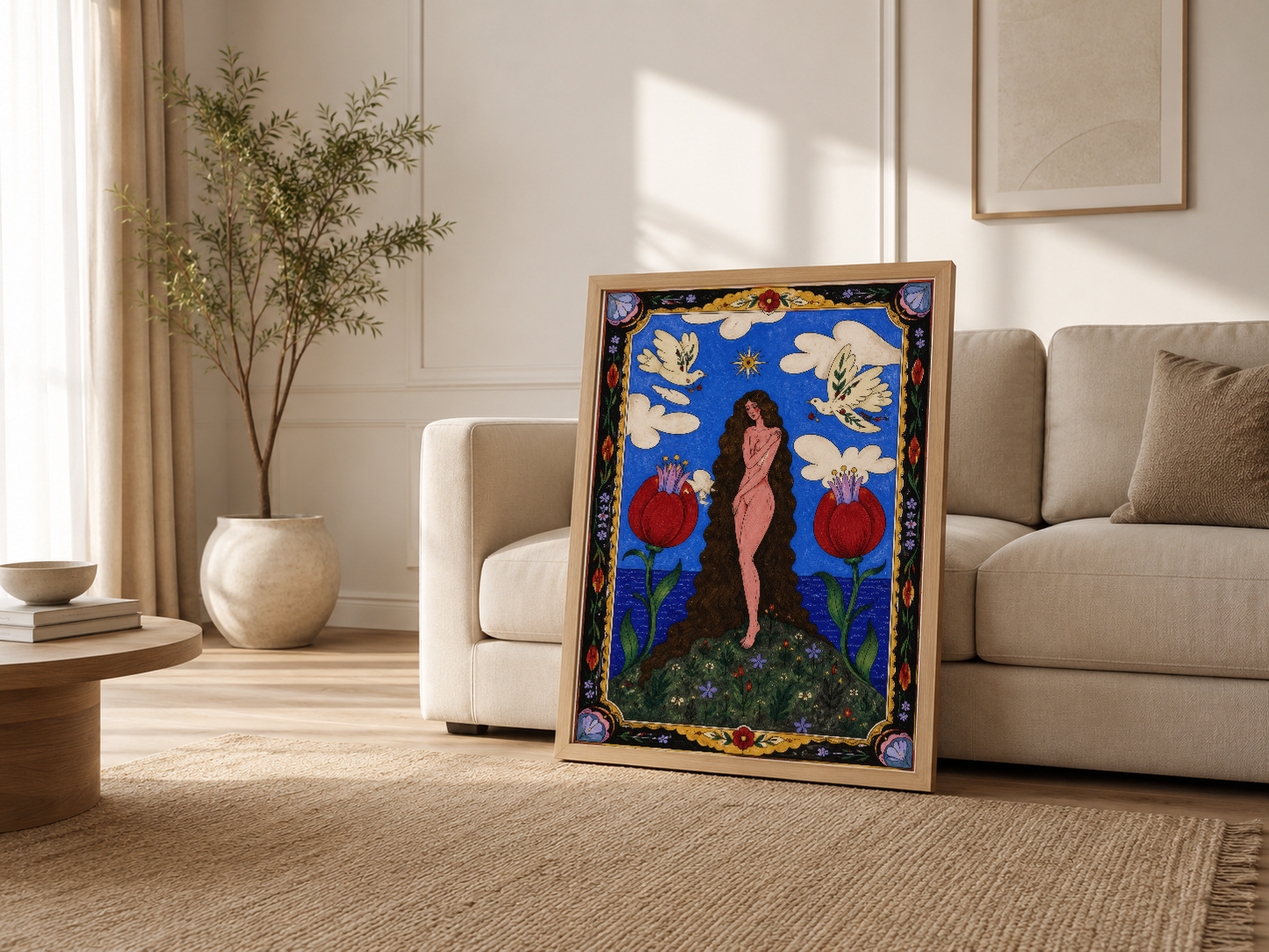 Ahşap çerçeveli tablo, beige oturma odasında kanepenin yanında, vintage sanat posteri şık ev dekoraşyonu.