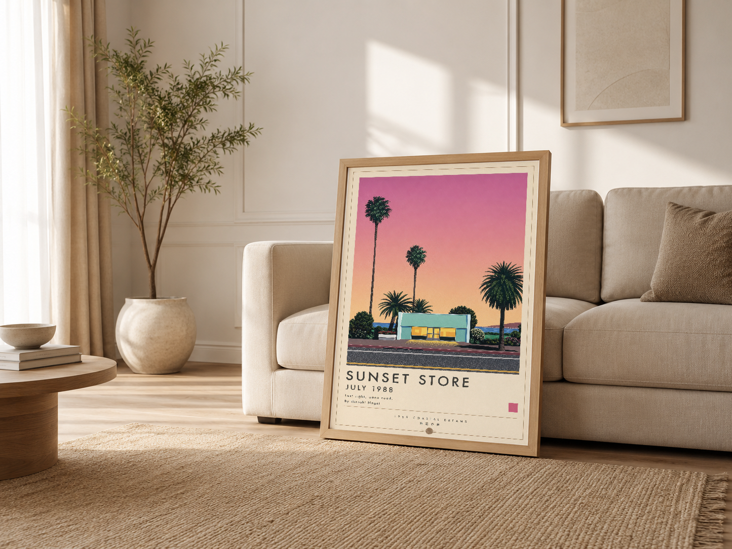 Ahşap çerçeveli Sunset Store posteri, rahat krem renkli oturma odasında kanepenin yanında vintage dekorasyon aksessuarı.