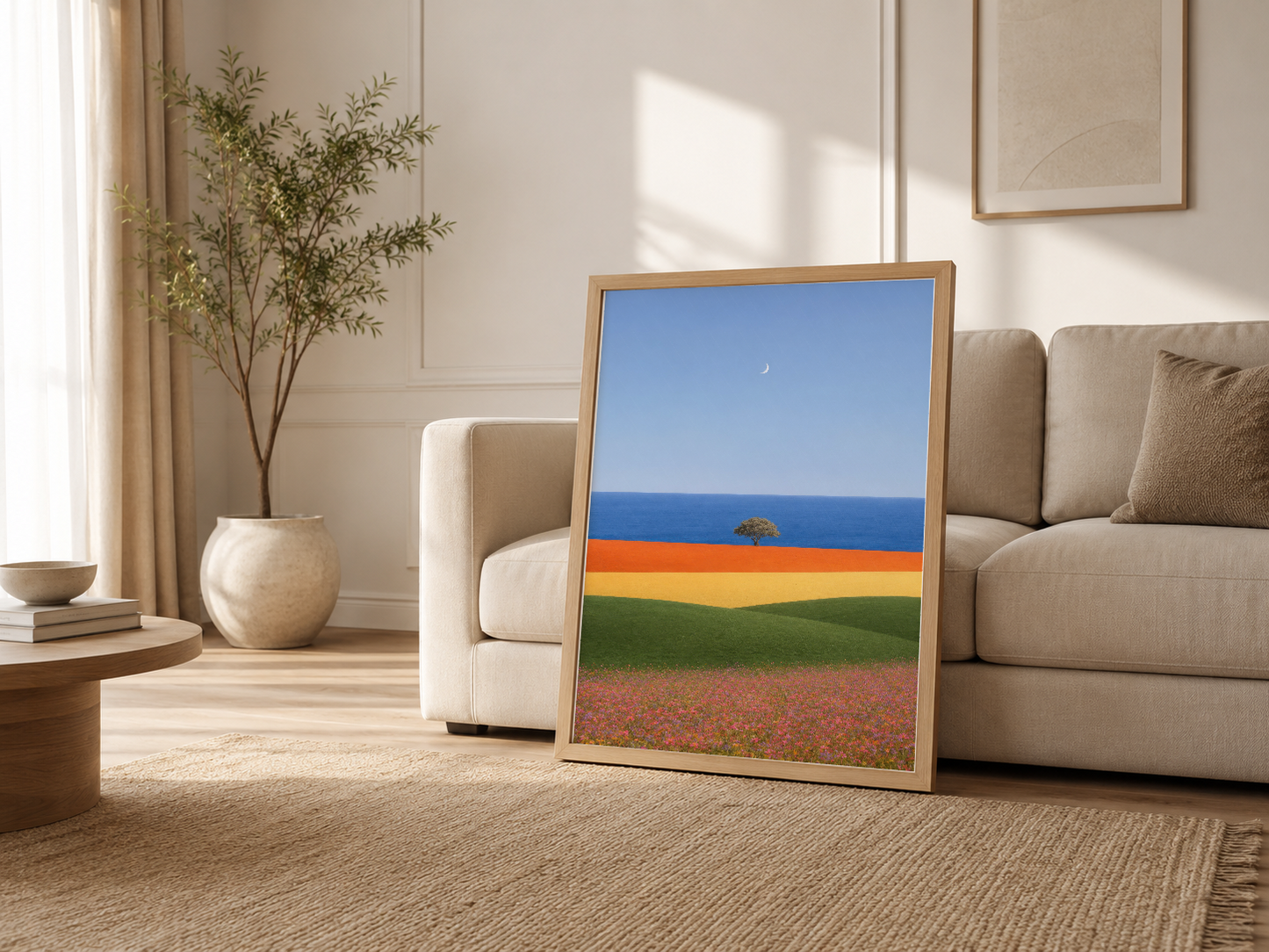 Modern oturma odasında, ahşap çerçeveli tablonun kanepenin yanında sergilenmesi, dekoratif minimalist ortam yaratır.