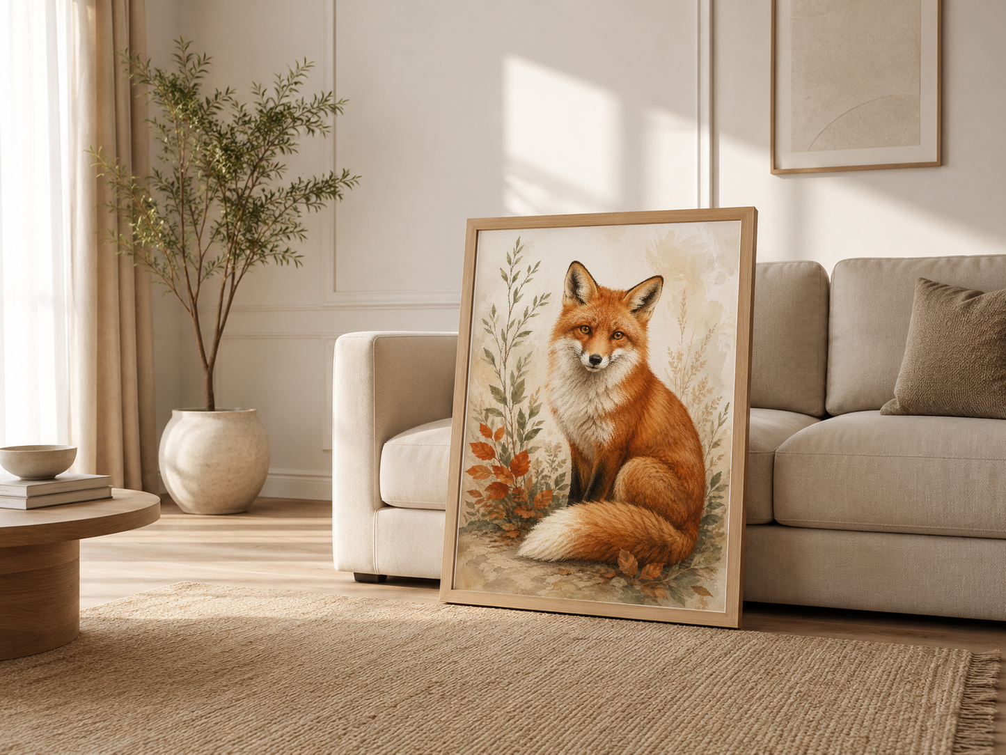 Rahat oturma odasında, kanepenin yanında sergilenen tilki ve bitki motifli duvar sanat baskısı.