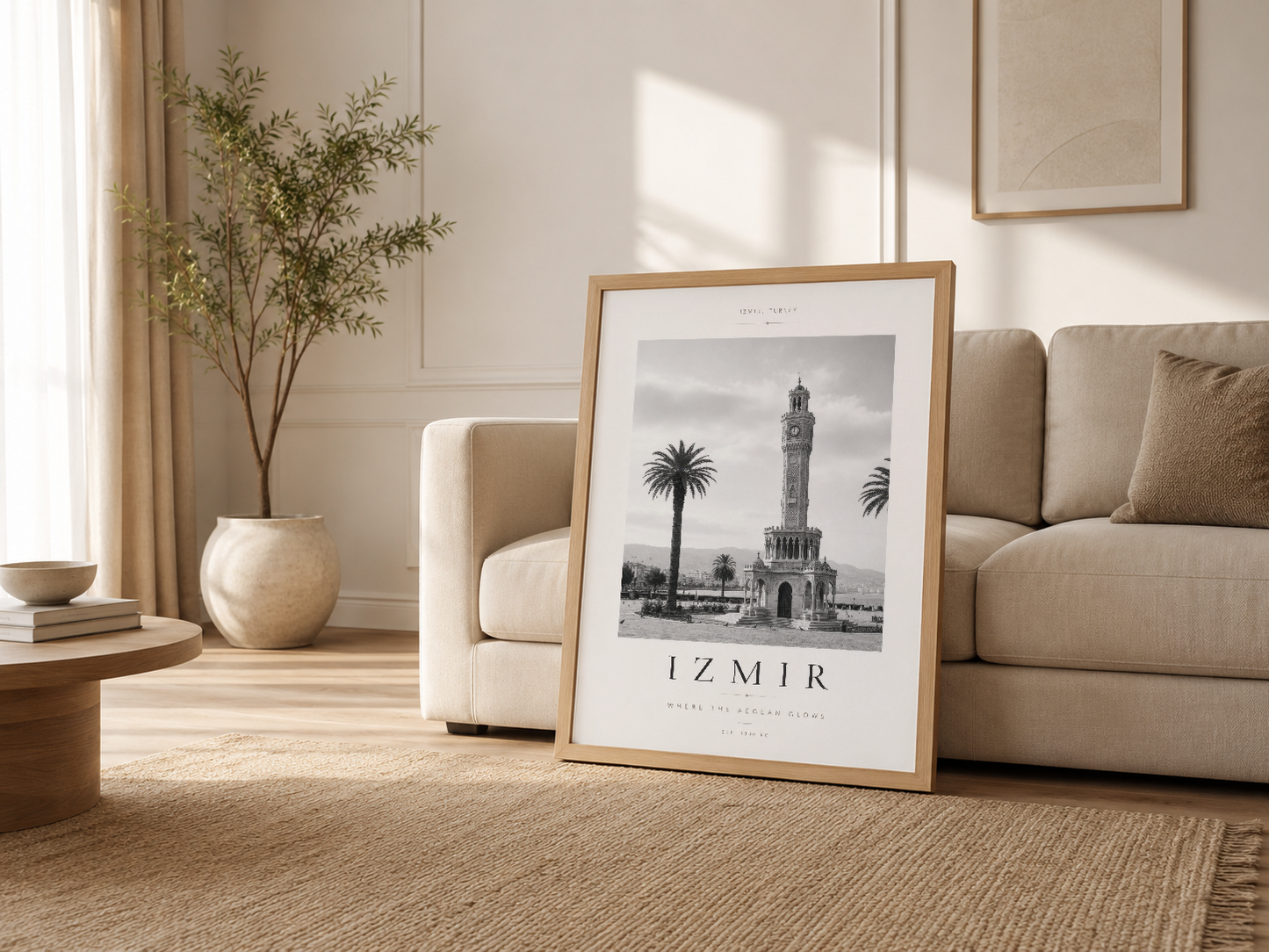 İzmir Saatkulesi poster ahşap çerçede oturma odasında, kanepenin yanında dekoratif parça.