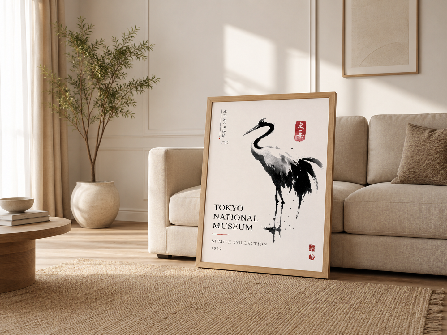 Modern oturma odasında ahşap çerçeveli turna tablosu, kanepenin yanında minimalist sanat parçası.