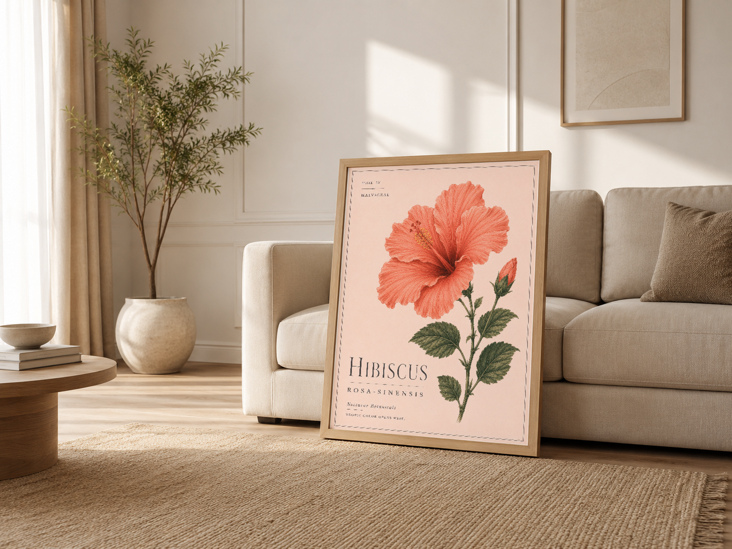 Açık oturma odasında, ahşap çerçeveli hibiskus tablosu kanepenin yanında, minimalist dekor ile uyumlu zarif bir sanat