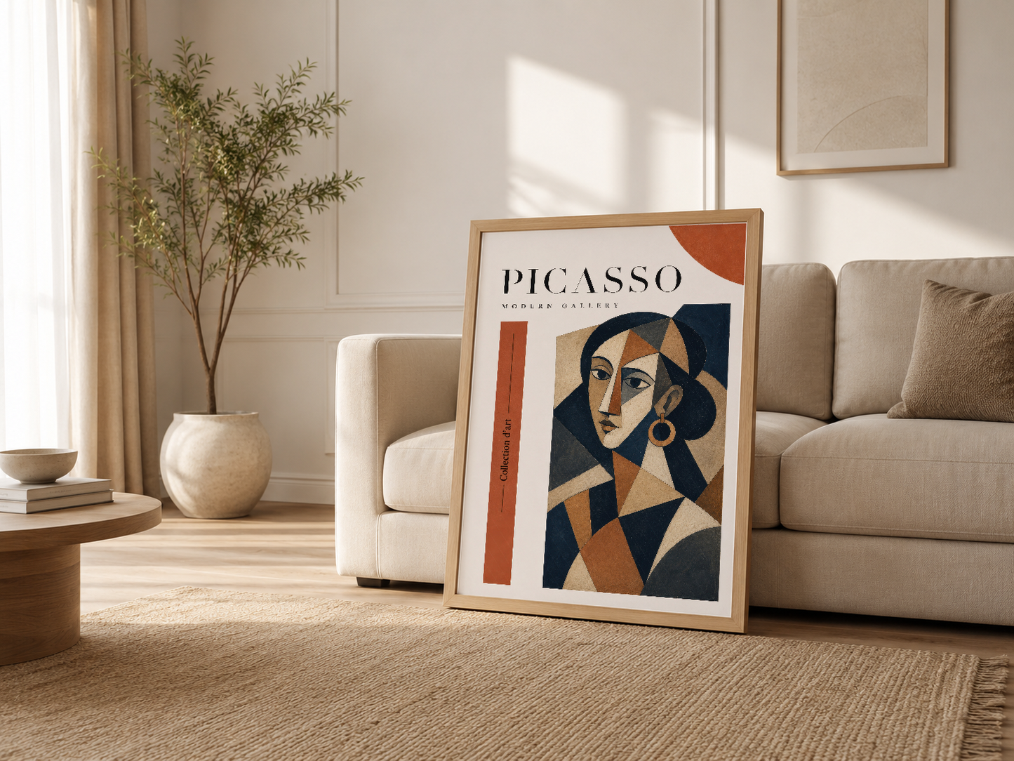 Krem renkli kanepenin yanında ahşap çerçeveli Picasso tablosu, modern salon ortamına sofistike sanat koleksiyonu katıyor.