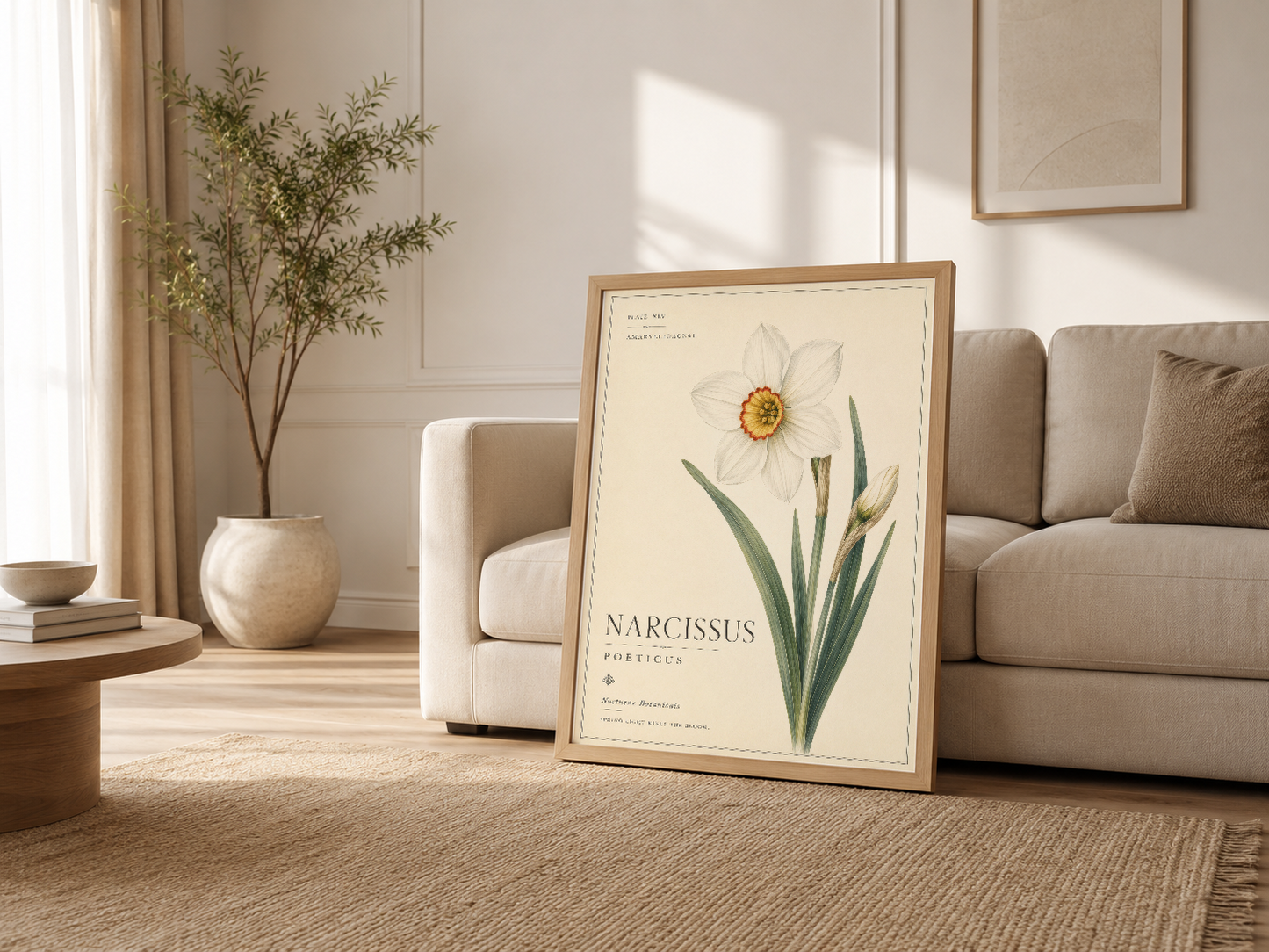 Nötr oturma odasında ahşap çerçeveli nergis tablosu, kanepe yanında duran şık botanical poster.