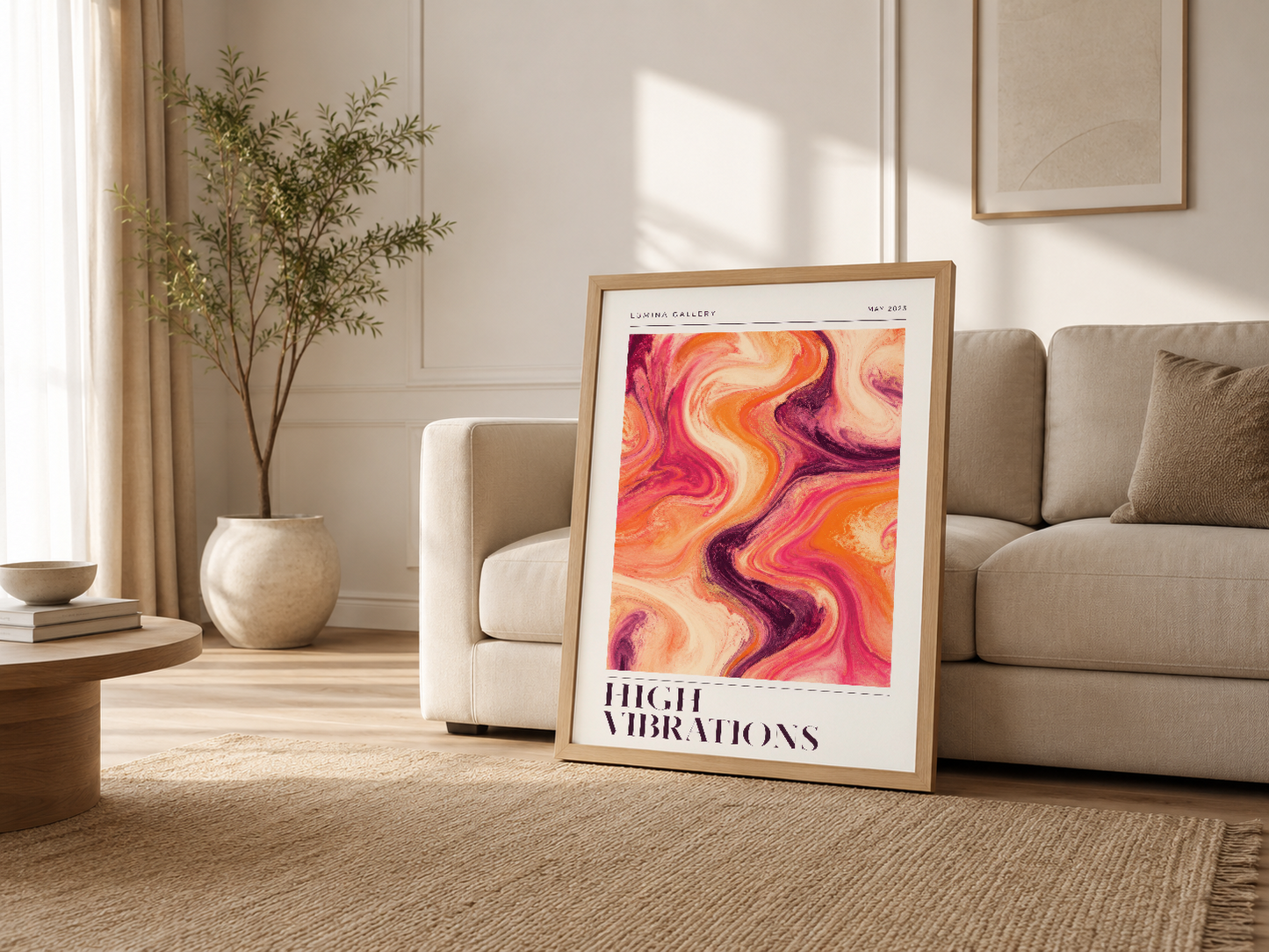 Modern oturma odasında krem renkli kanepesiyle yanında duran ahşap çerçeveli High Vibrations posteri.