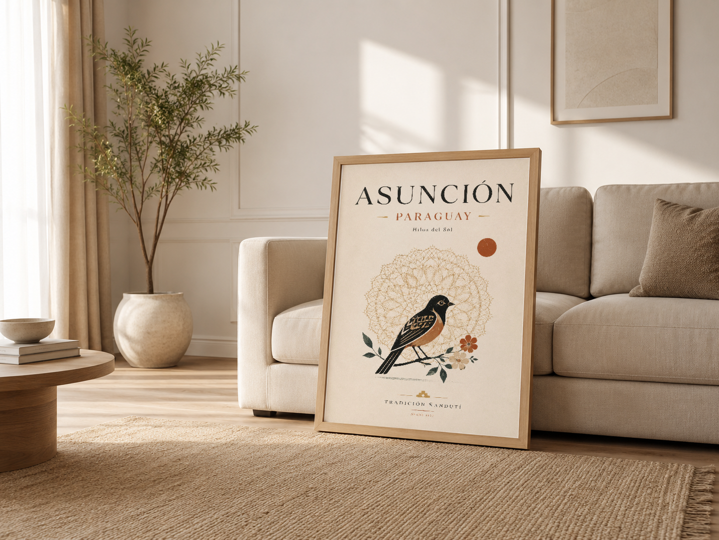 Ahşap çerçeveli Asunción Paraguay posteri, modern oturma odasında kanepenin yanında.