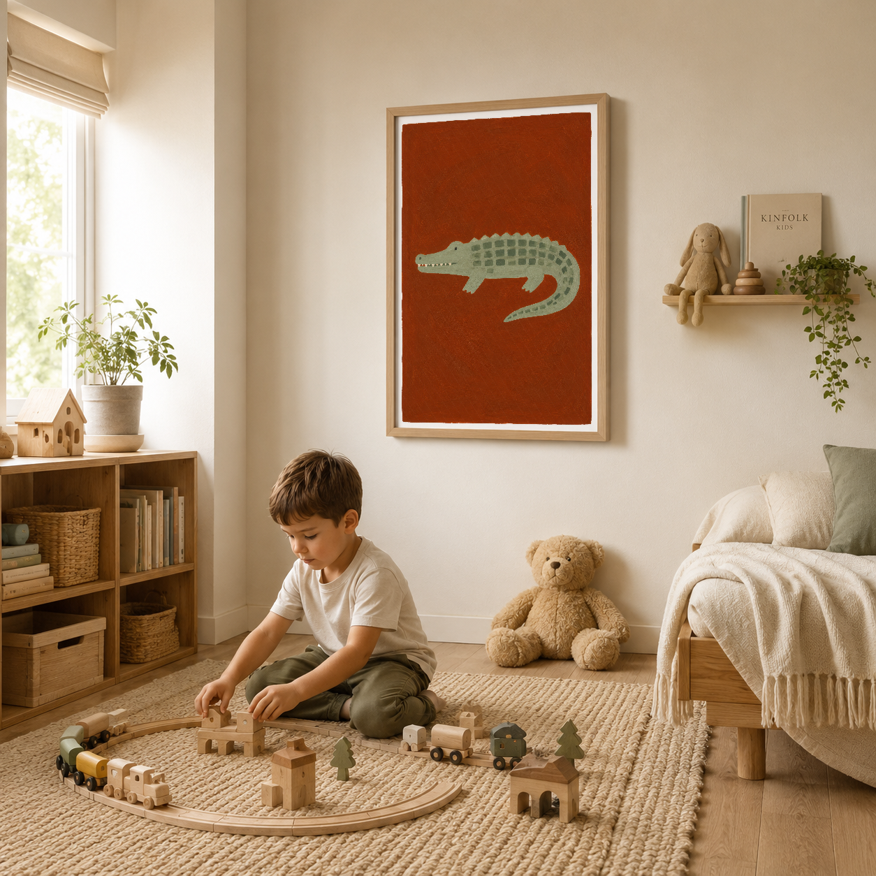 Çocuk yatak odasının üstündeki, ahşap çerçeveli timsah sanat baskısı.
