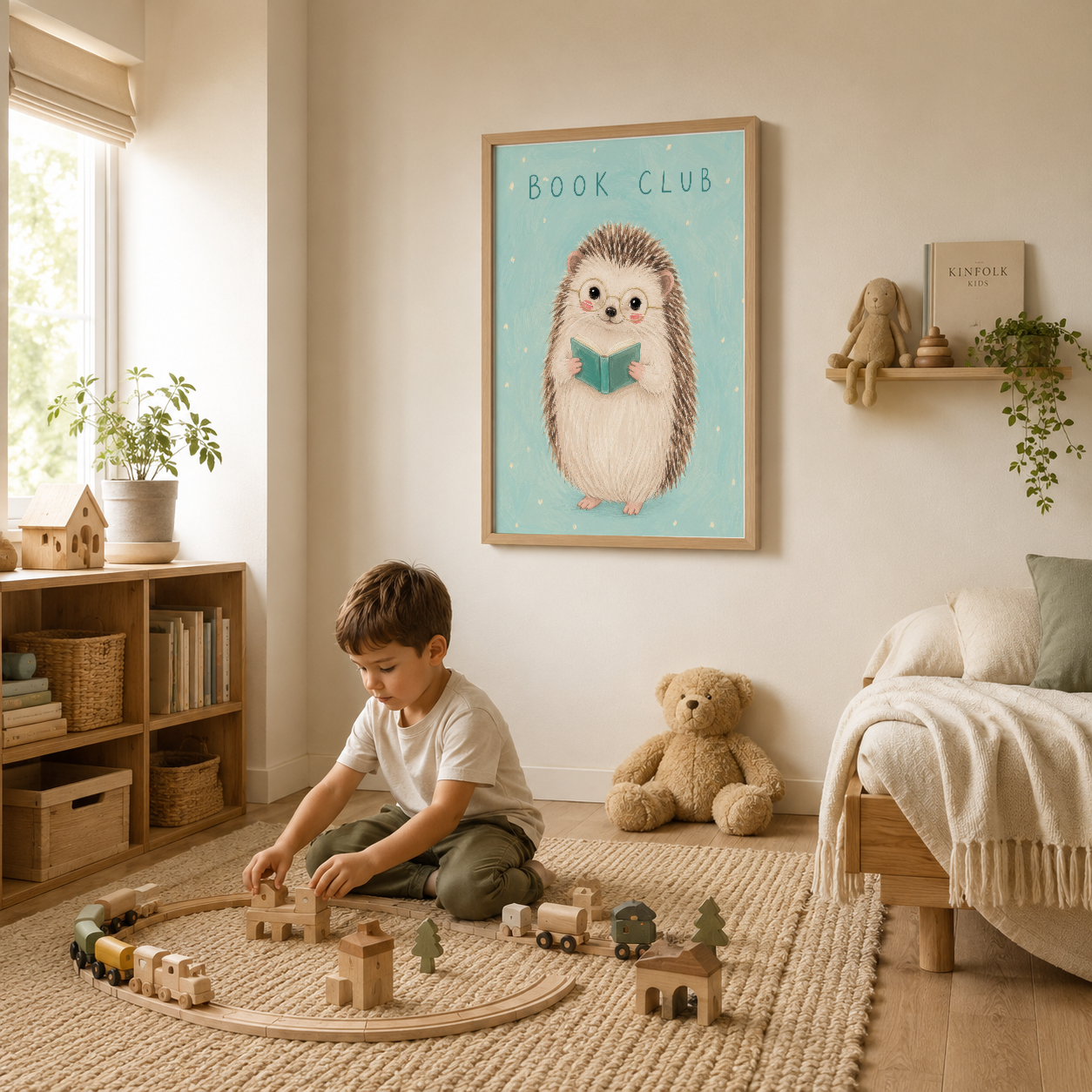 Modern çocuk yatak odasında ahşap çerçeveleme ile birlikte, kitapsever kirpi temalı dekoratif duvar tablosu.