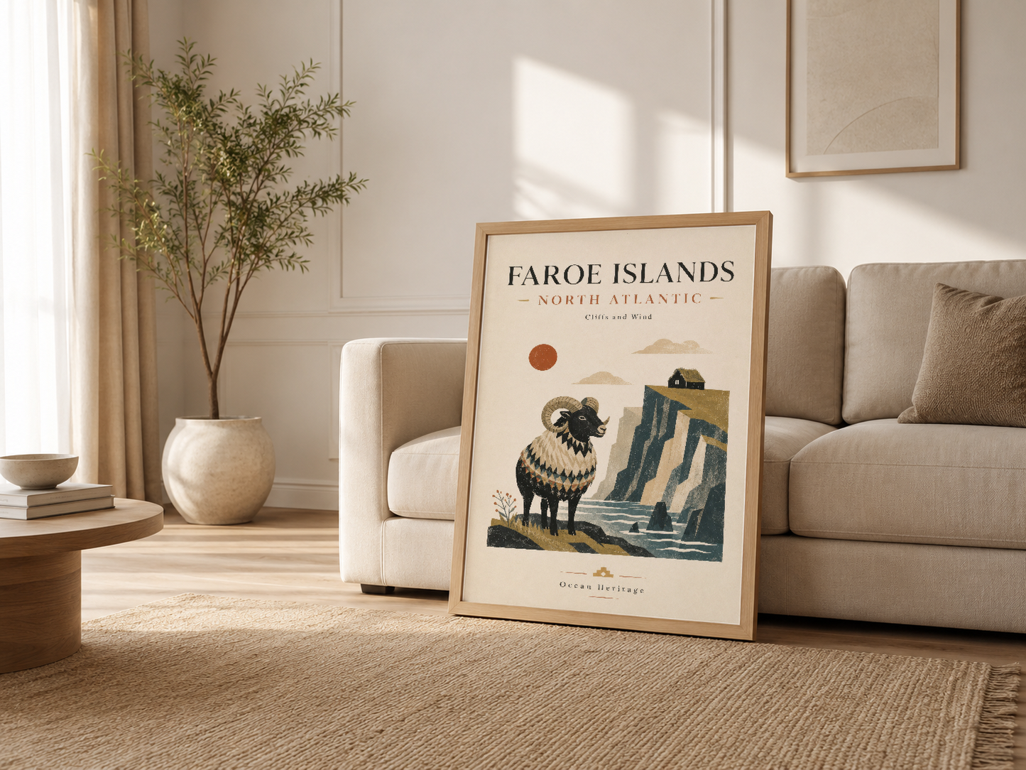 Minimalist salon dekorasyonunda ahşap çerçeveli Faroe Islands sanat, natürel renk paleti içinde yer alan poster.
