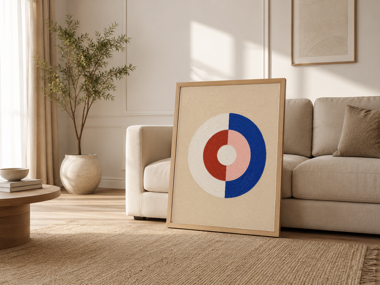 Ahşap çerçeveli poster, krem sofa yanında modern oturma odasında; minimalist dekor stiline uygun sanat eseri.